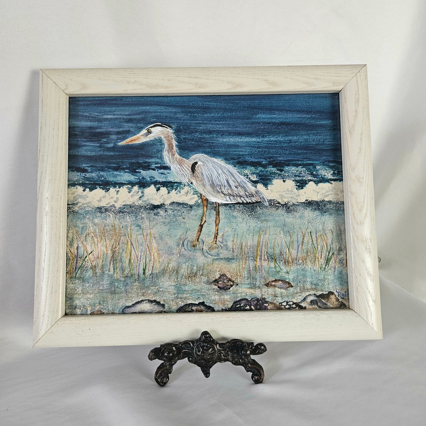 Original Watercolor Painting of a Blue Heron in wooden frame