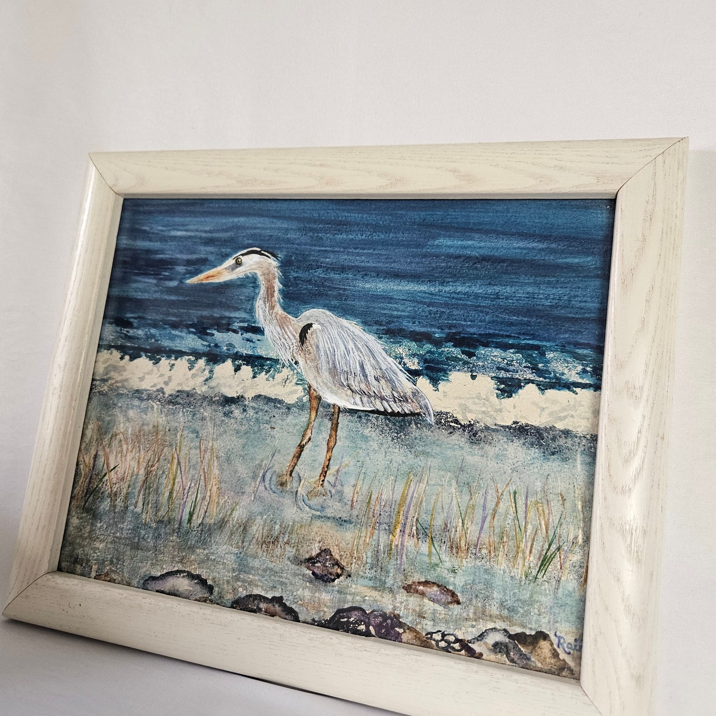 Original Watercolor Painting of a Blue Heron in wooden frame