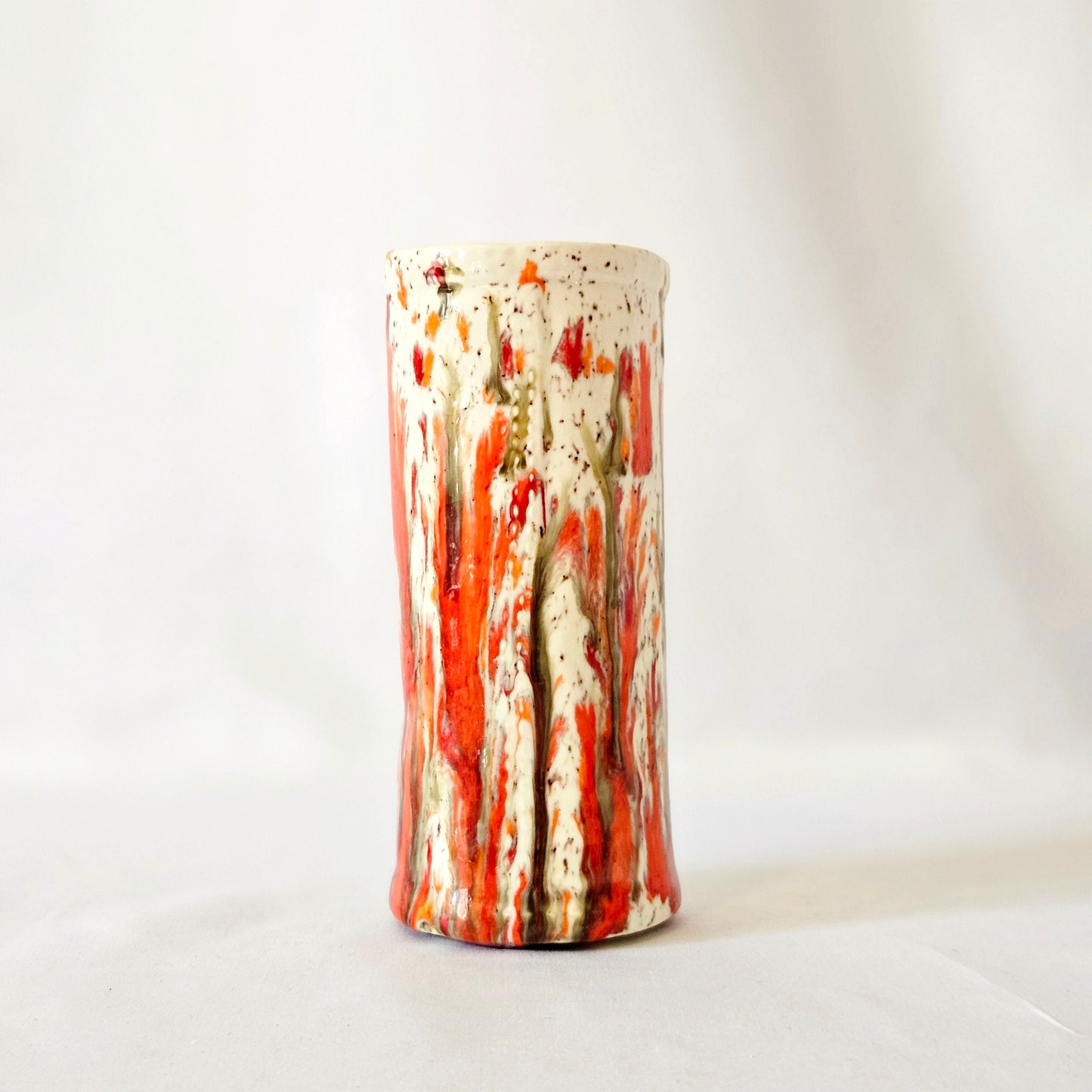 Vintage Orange Splatter Ware Ceramic Vase, Mid Century Modern