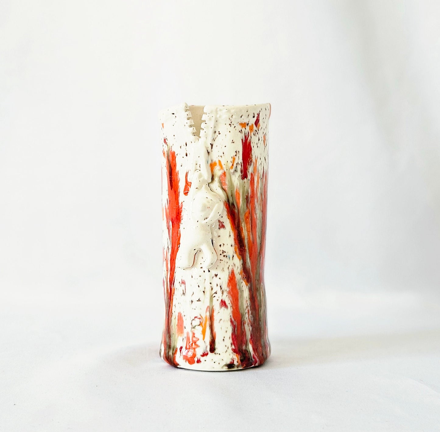 Vintage Orange Splatter Ware Ceramic Vase, Mid Century Modern