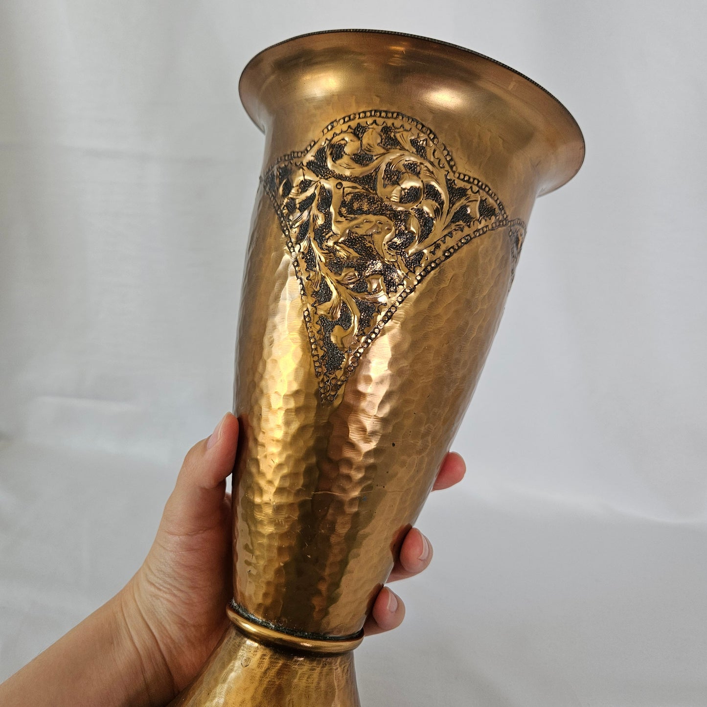 Vtg Handmade Hammered Copper Vase with Deer and Ornamental Details