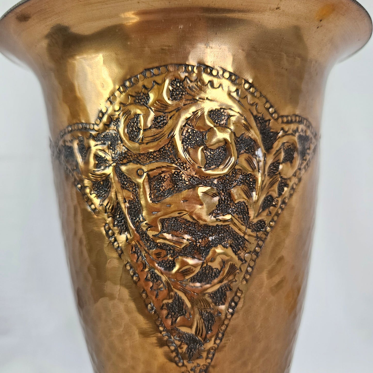 Vtg Handmade Hammered Copper Vase with Deer and Ornamental Details