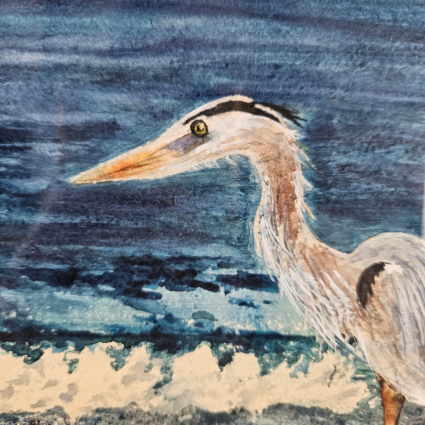 Original Watercolor Painting of a Blue Heron in wooden frame