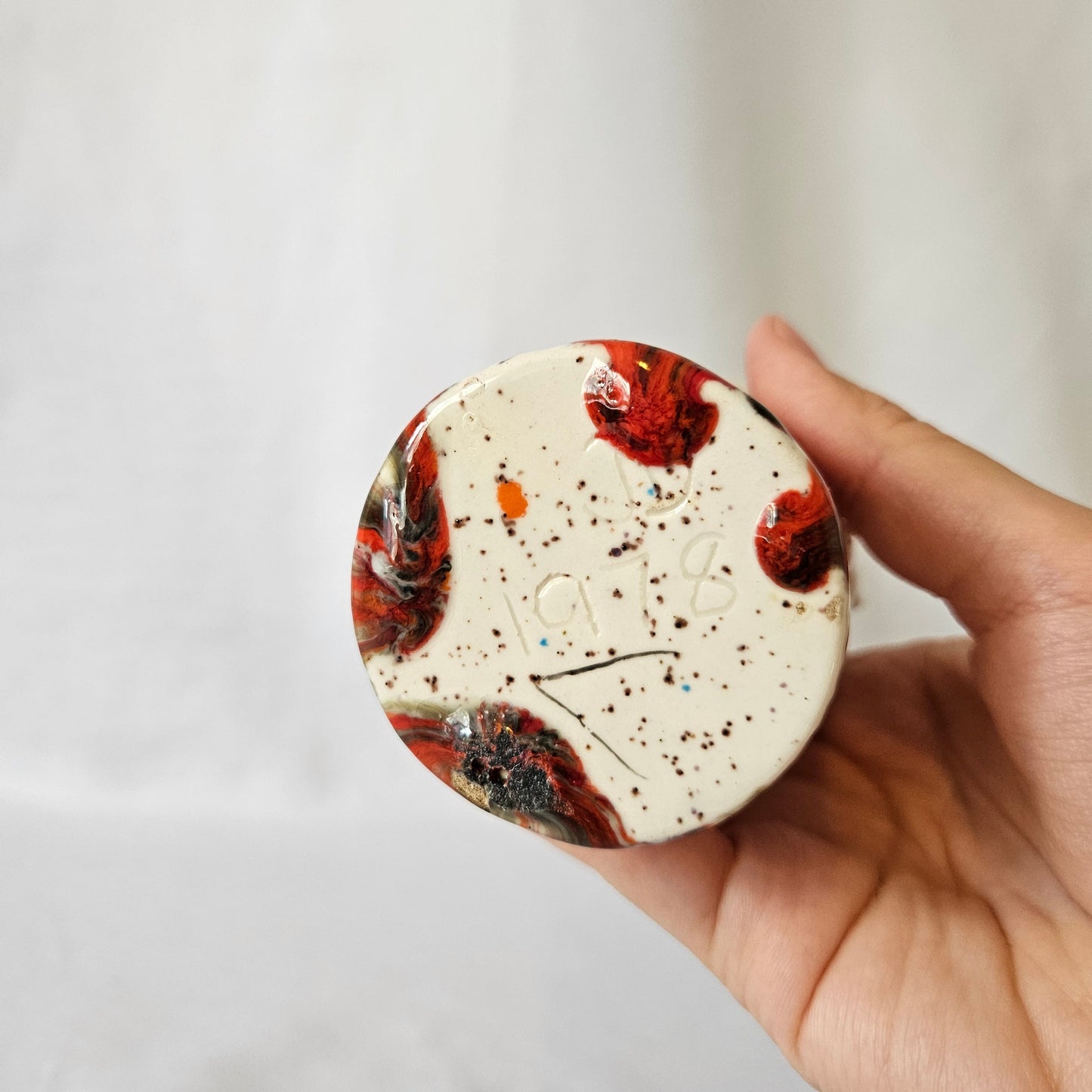 Vintage Orange Splatter Ware Ceramic Vase, Mid Century Modern