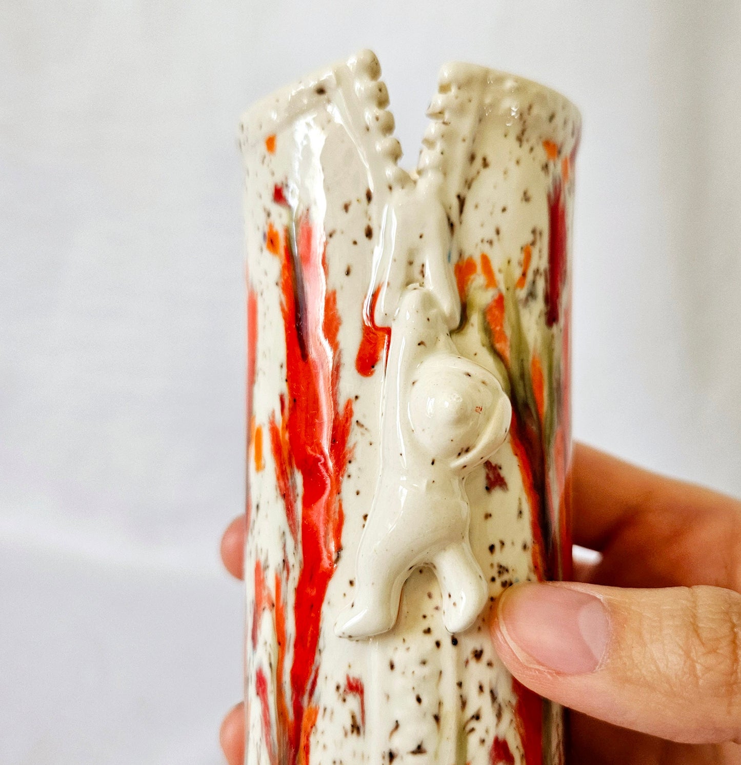 Vintage Orange Splatter Ware Ceramic Vase, Mid Century Modern