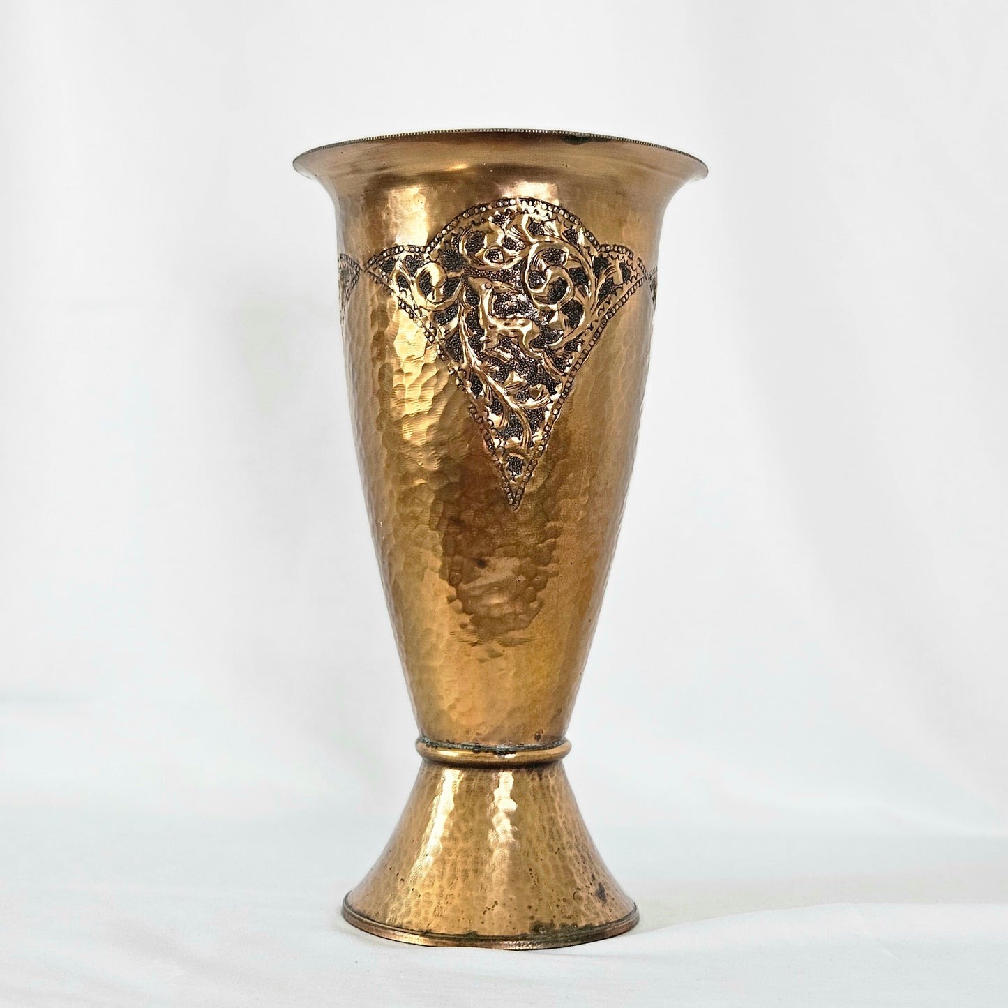 Vtg Handmade Hammered Copper Vase with Deer and Ornamental Details