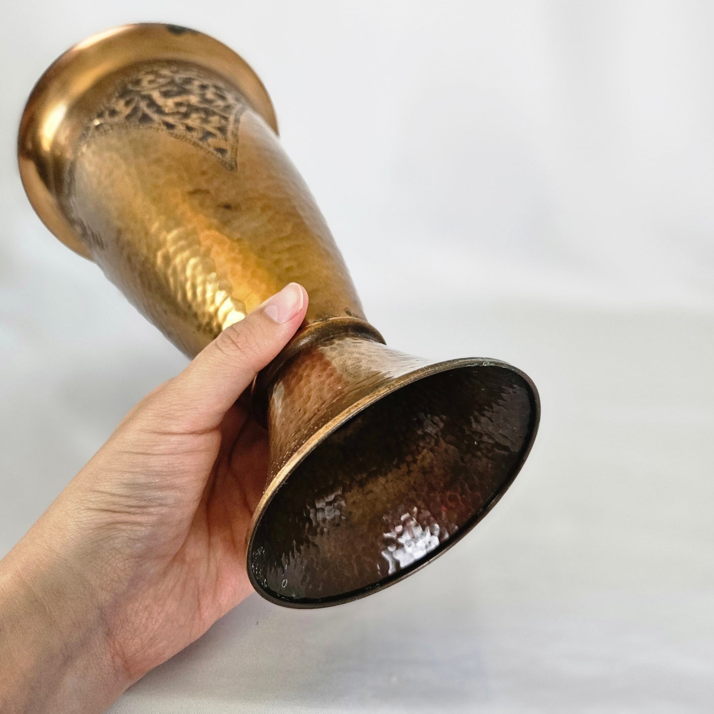 Vtg Handmade Hammered Copper Vase with Deer and Ornamental Details