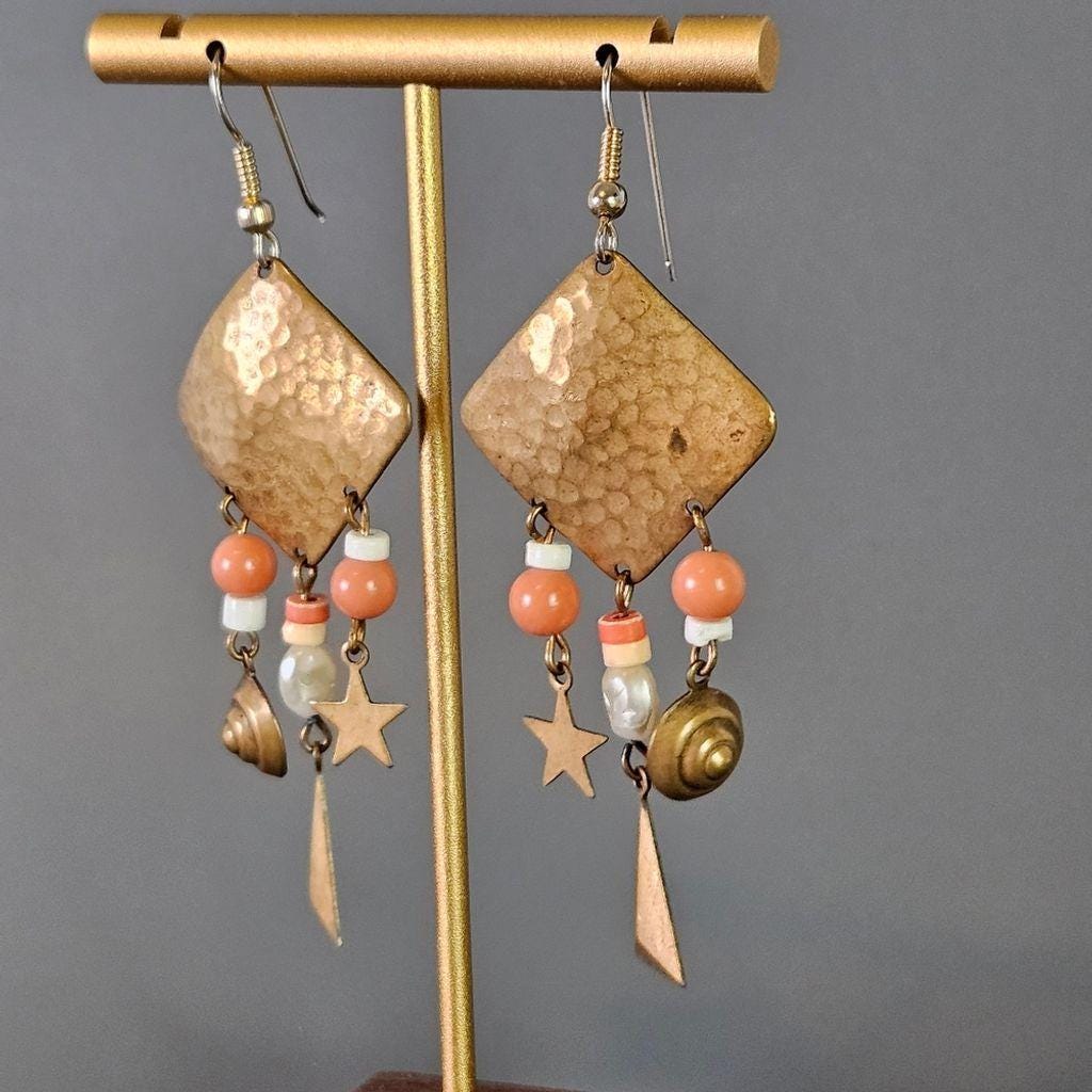 Brass Dangle Earrings with Coral Pink and white Beads w/ Geometric Shapes, Boho