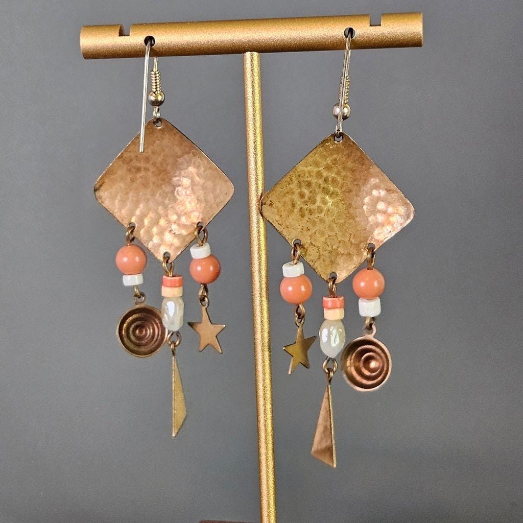 Brass Dangle Earrings with Coral Pink and white Beads w/ Geometric Shapes, Boho