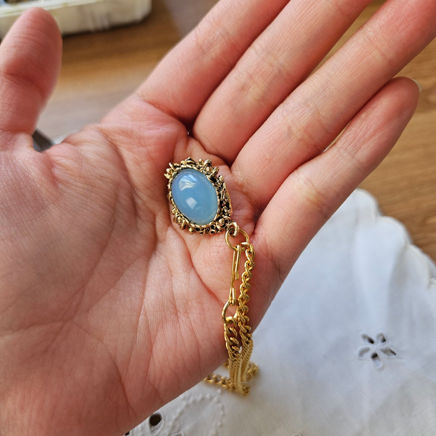 Vintage Gold Tone Blue Chalcedony Pendant Necklace