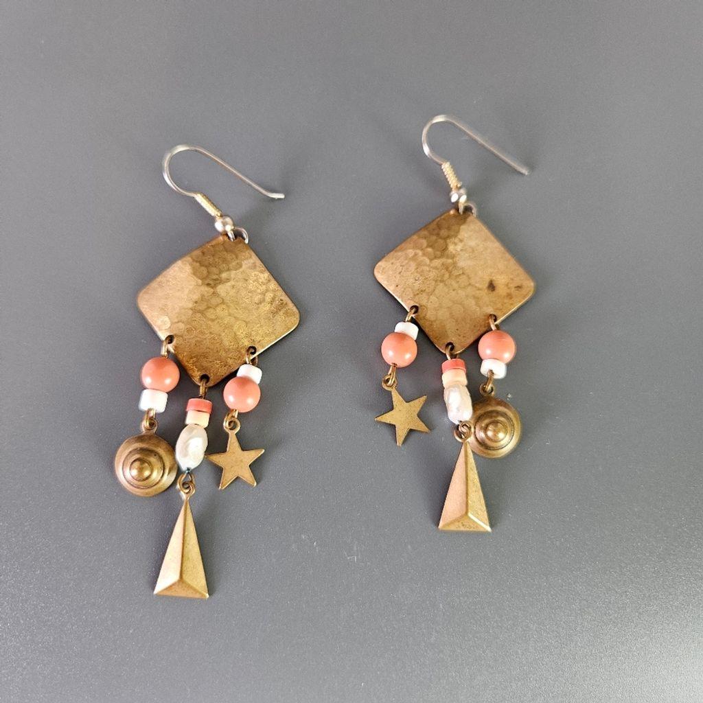 Brass Dangle Earrings with Coral Pink and white Beads w/ Geometric Shapes, Boho