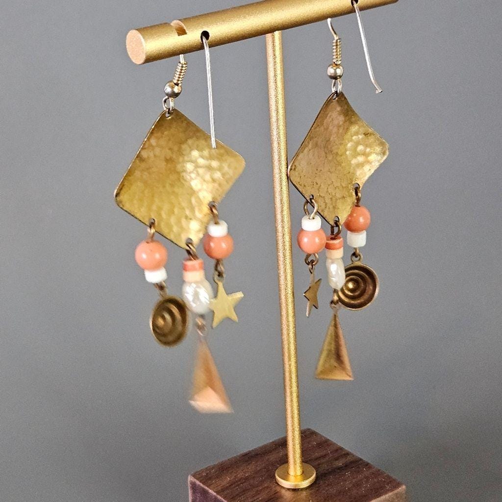 Brass Dangle Earrings with Coral Pink and white Beads w/ Geometric Shapes, Boho