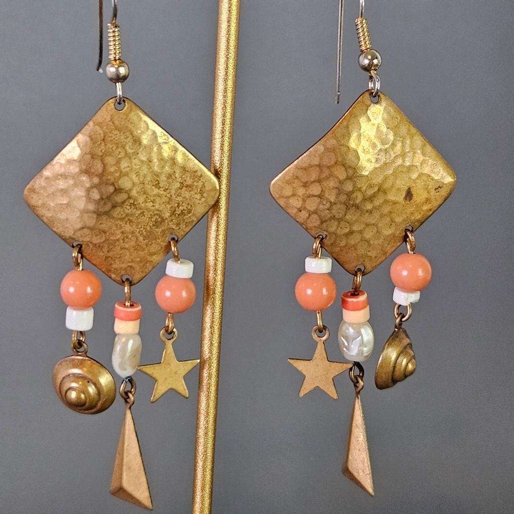 Brass Dangle Earrings with Coral Pink and white Beads w/ Geometric Shapes, Boho