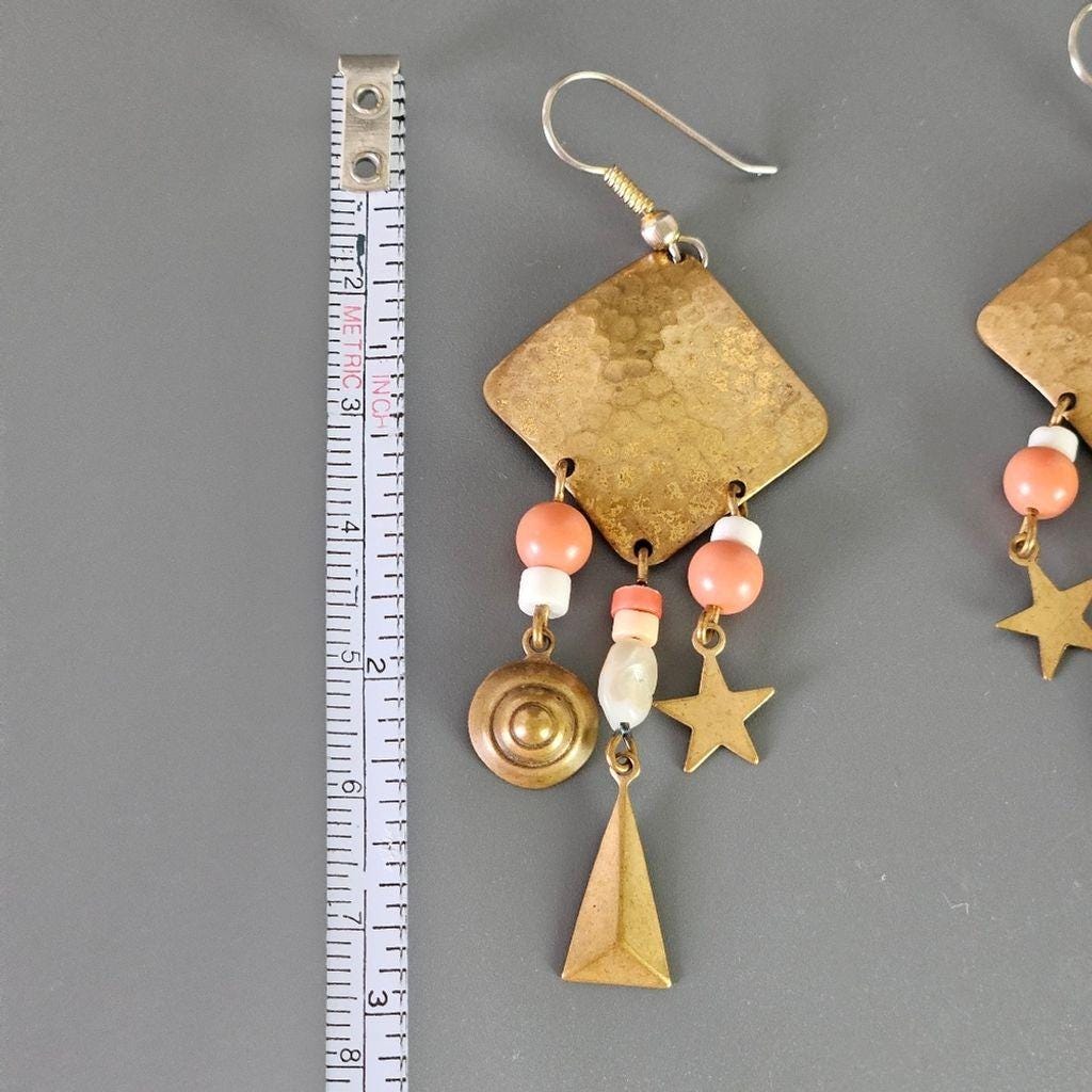 Brass Dangle Earrings with Coral Pink and white Beads w/ Geometric Shapes, Boho