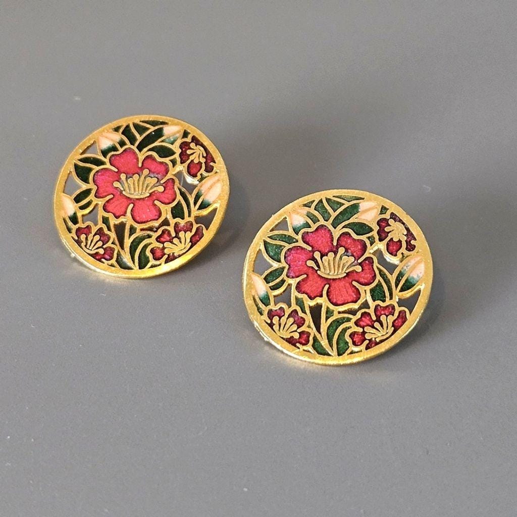 Vintage Abstract Red Hibiscus Floral Circle Stud Earrings