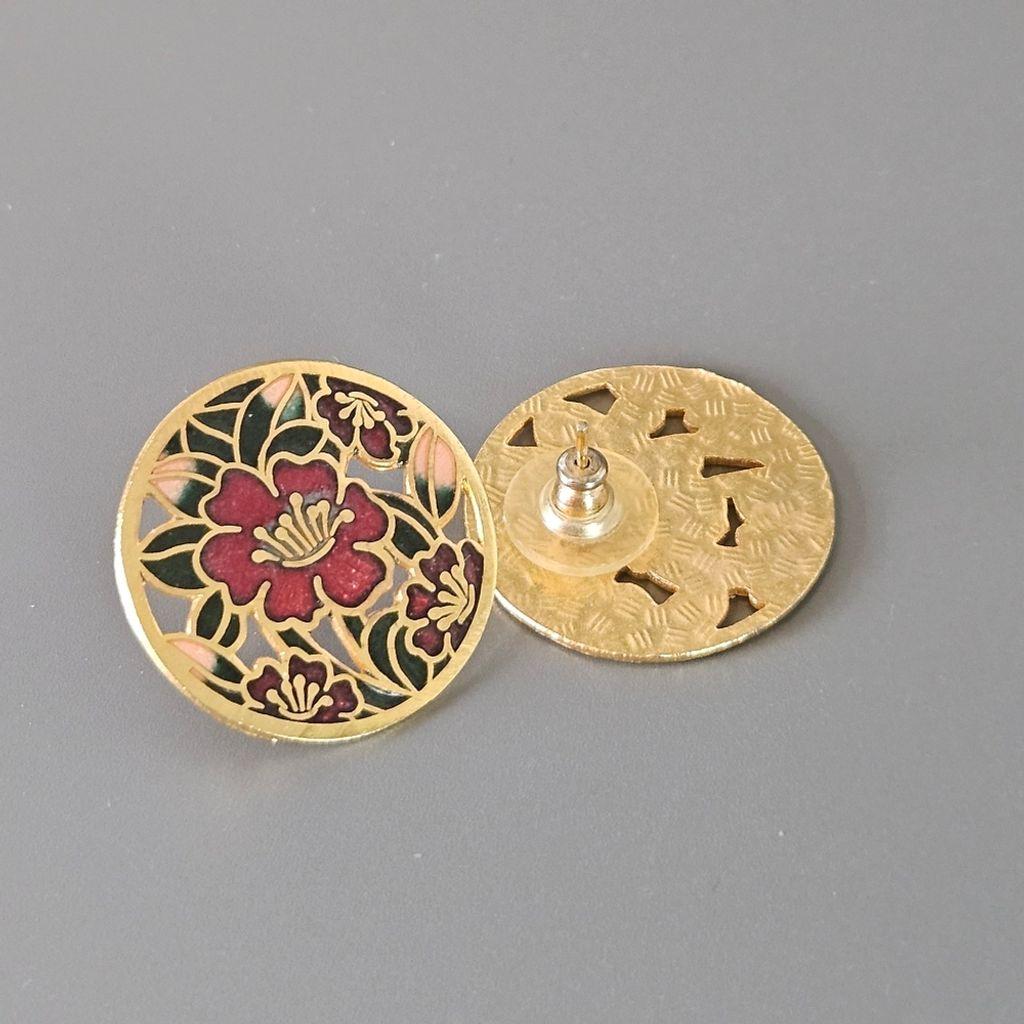 Vintage Abstract Red Hibiscus Floral Circle Stud Earrings