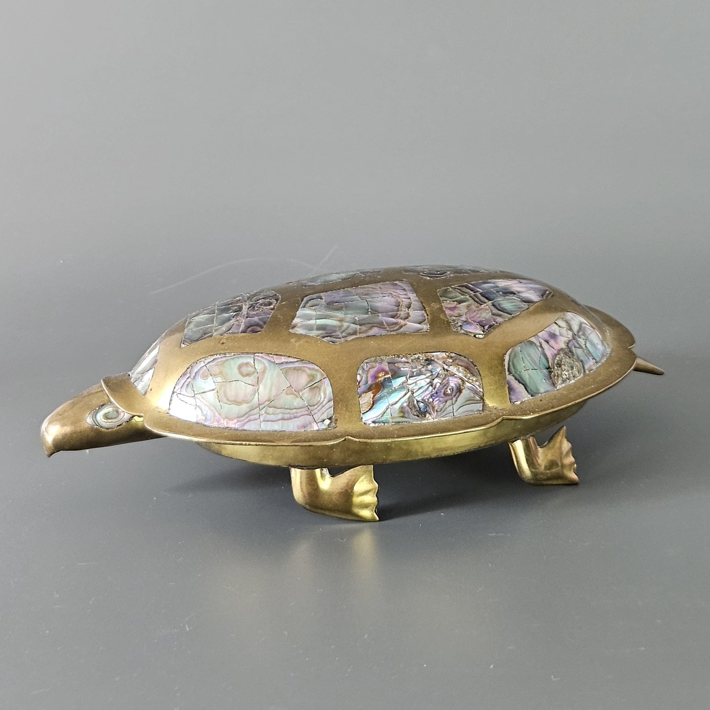 Beautiful Mid Century Brass Inlaid Abalone Tortoise Turtle Box