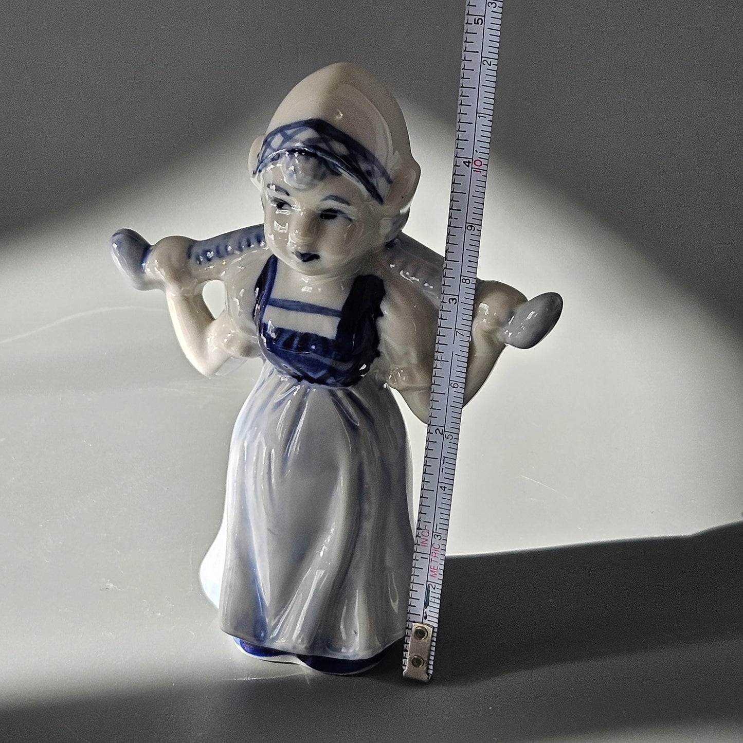 Vintage Delft Blue & White Porcelain Dutch Girl Water Carrier