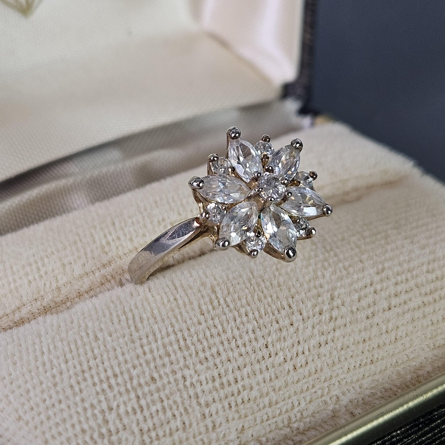 Vintage Flower Ring with CZ, Gold Plated Size 8 Brilliant