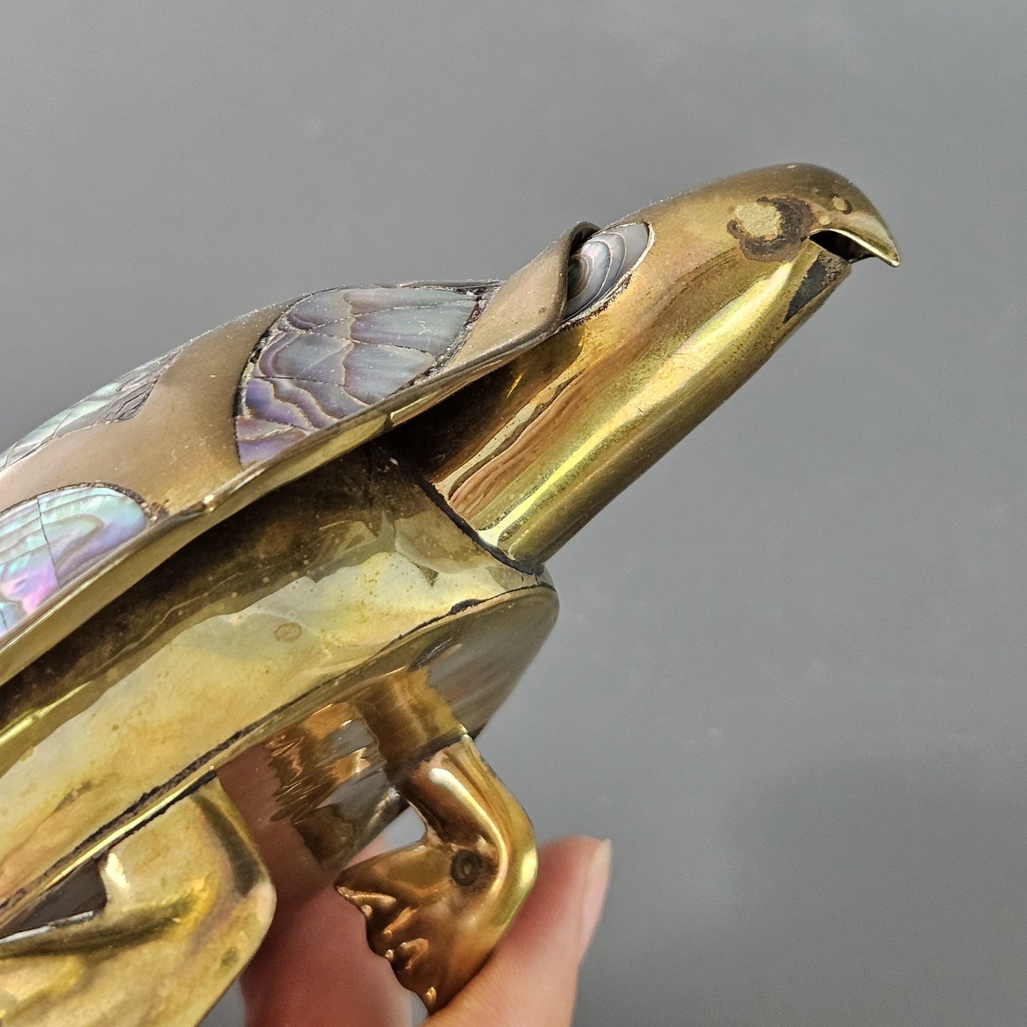 Beautiful Mid Century Brass Inlaid Abalone Tortoise Turtle Box