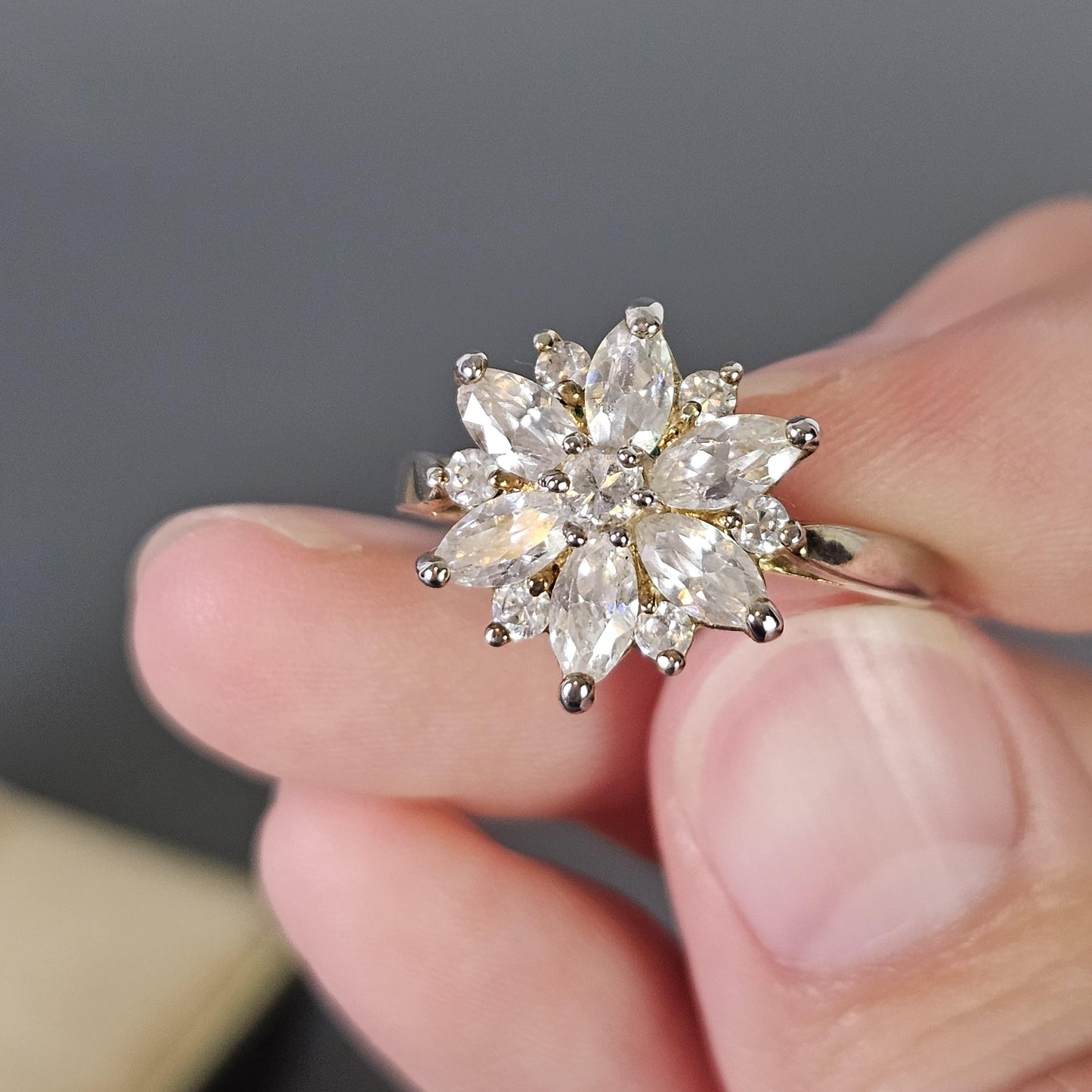 Vintage Flower Ring with CZ, Gold Plated Size 8 Brilliant