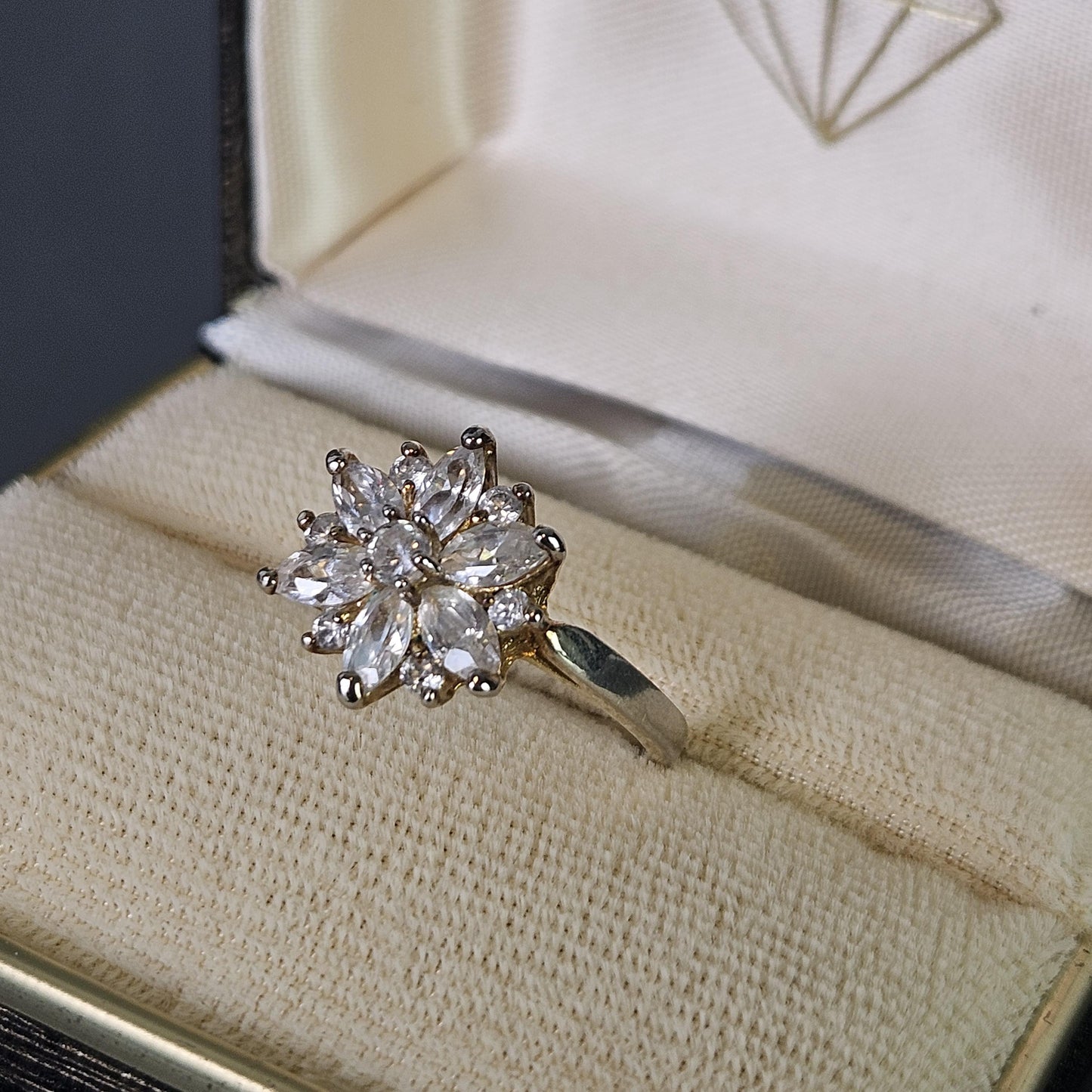 Vintage Flower Ring with CZ, Gold Plated Size 8 Brilliant