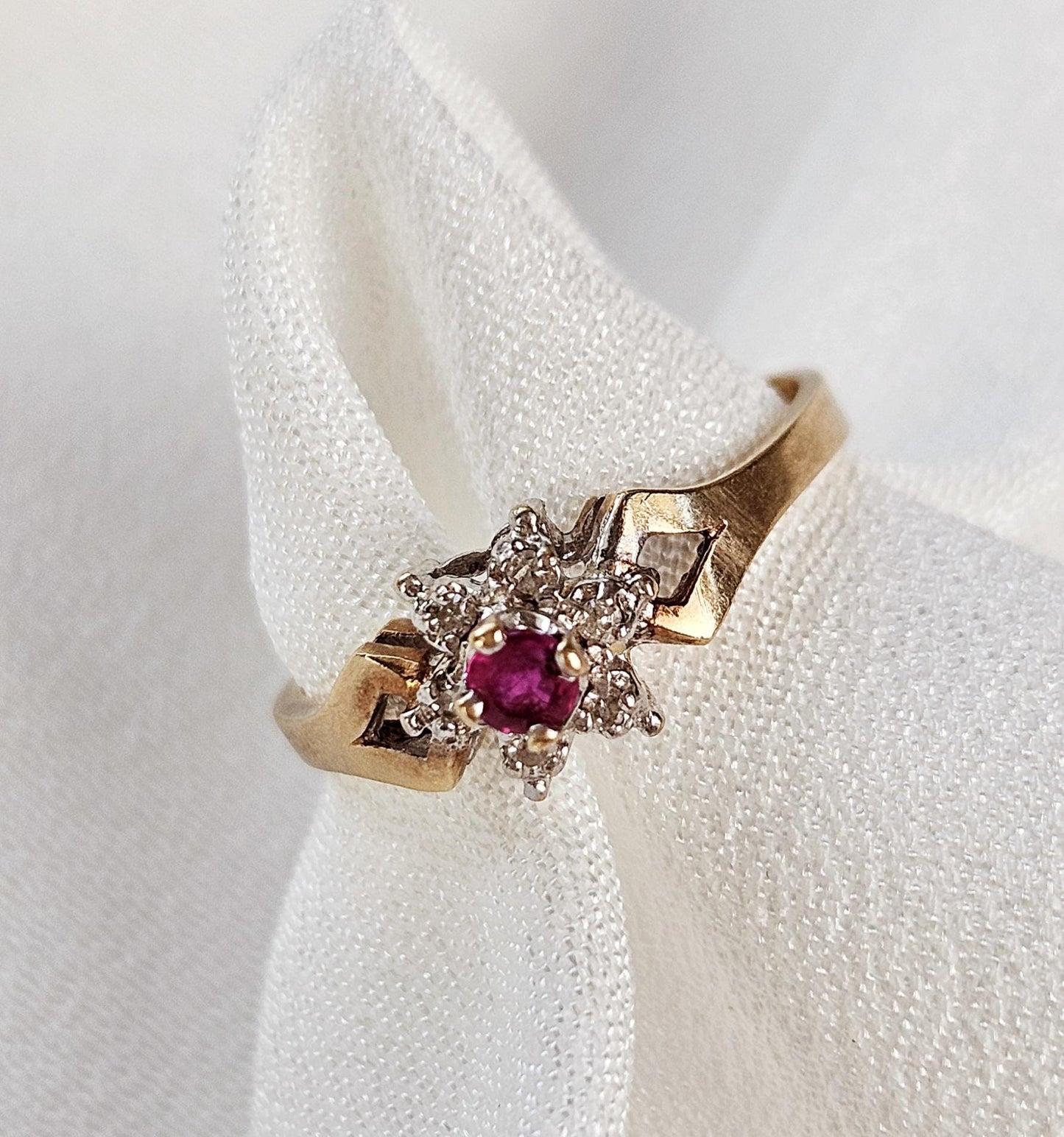 10k Gold Floral Cluster Ring with Ruby and Diamond Accents