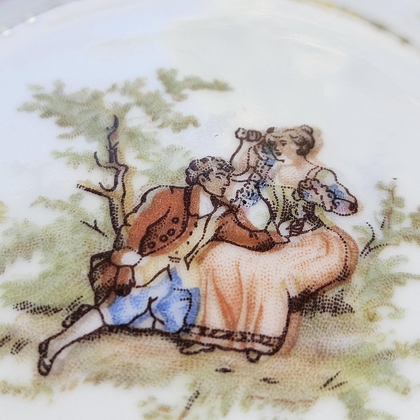 Vintage Cmielow Porcelain Jewelry Box with Romantic Rococo Scene and Rose Motif, Poland