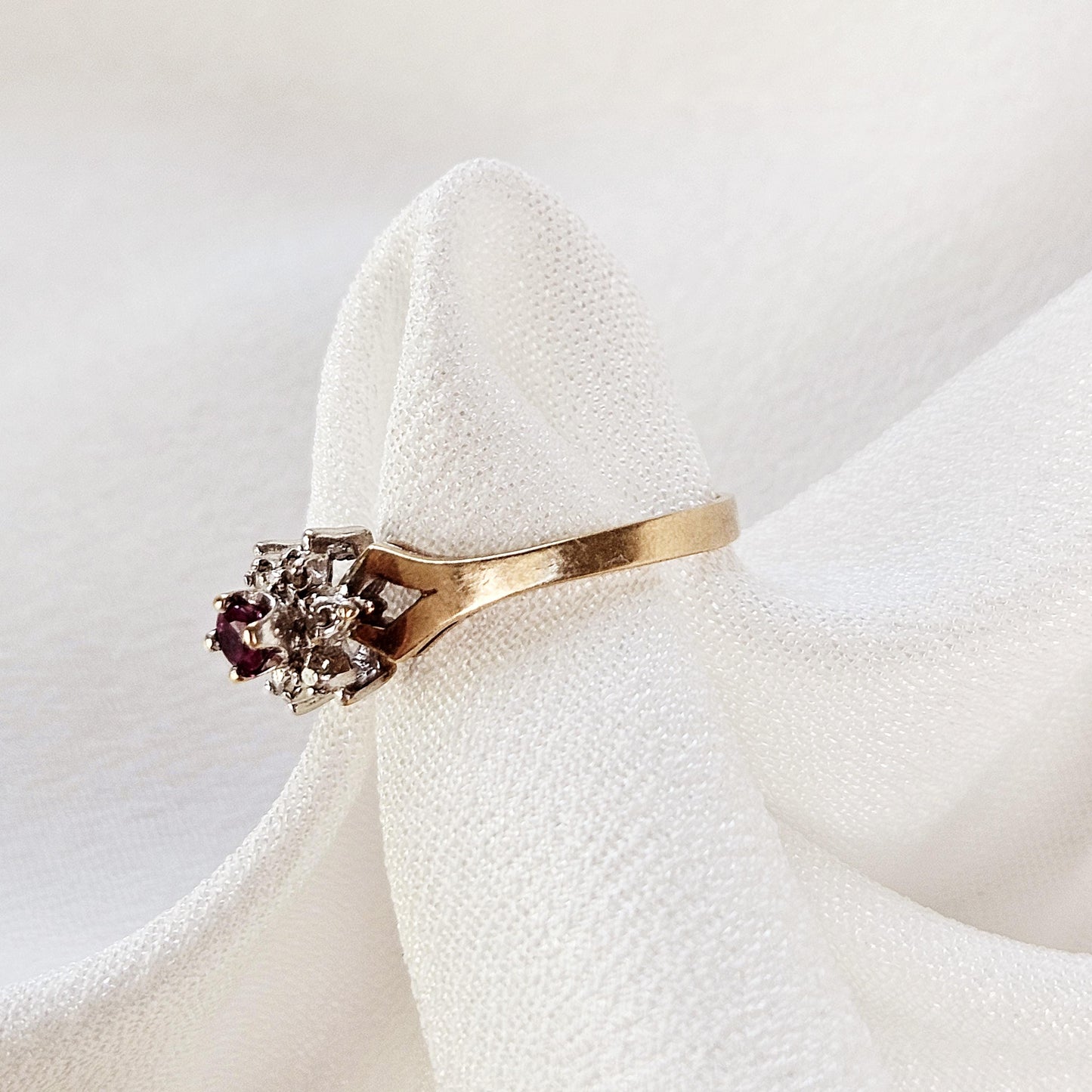 10k Gold Floral Cluster Ring with Ruby and Diamond Accents