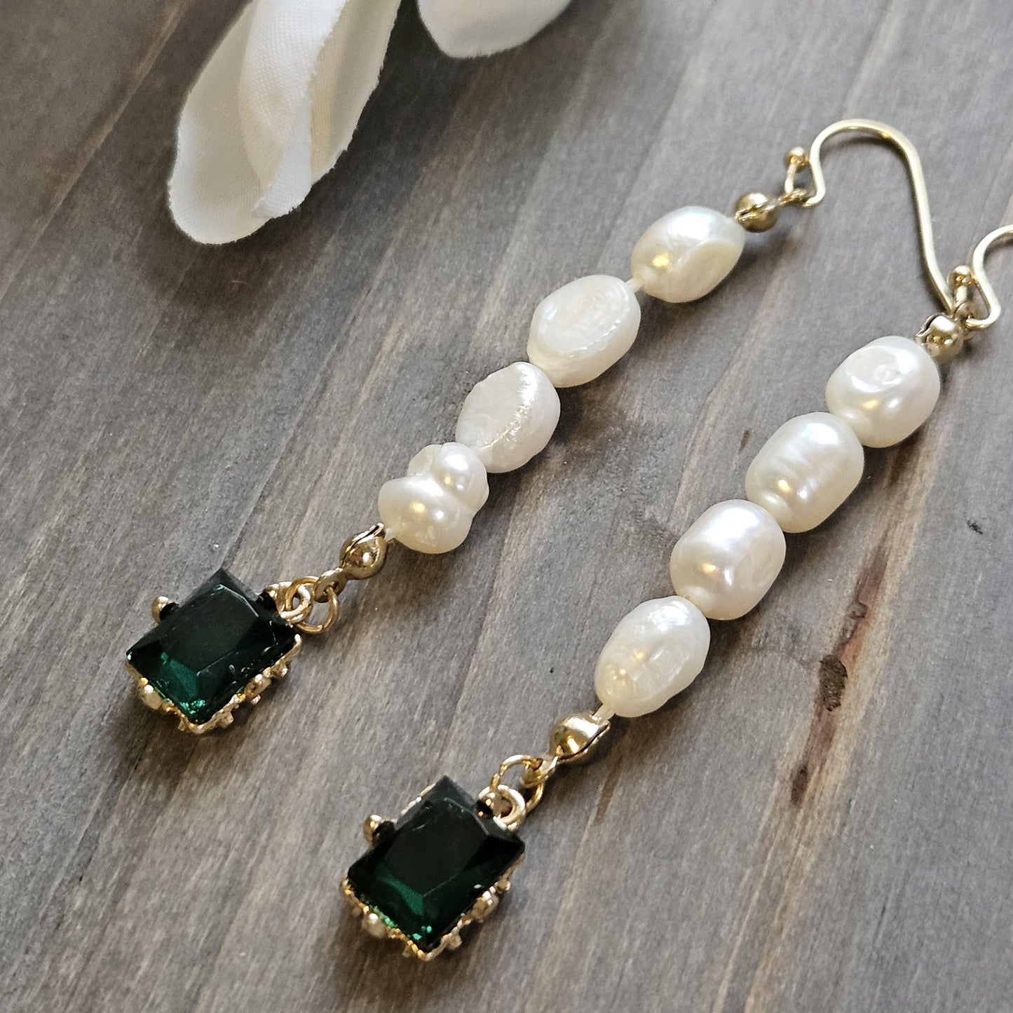 Fresh Water Pearl Green CZ Gold Plated Drop Earrings