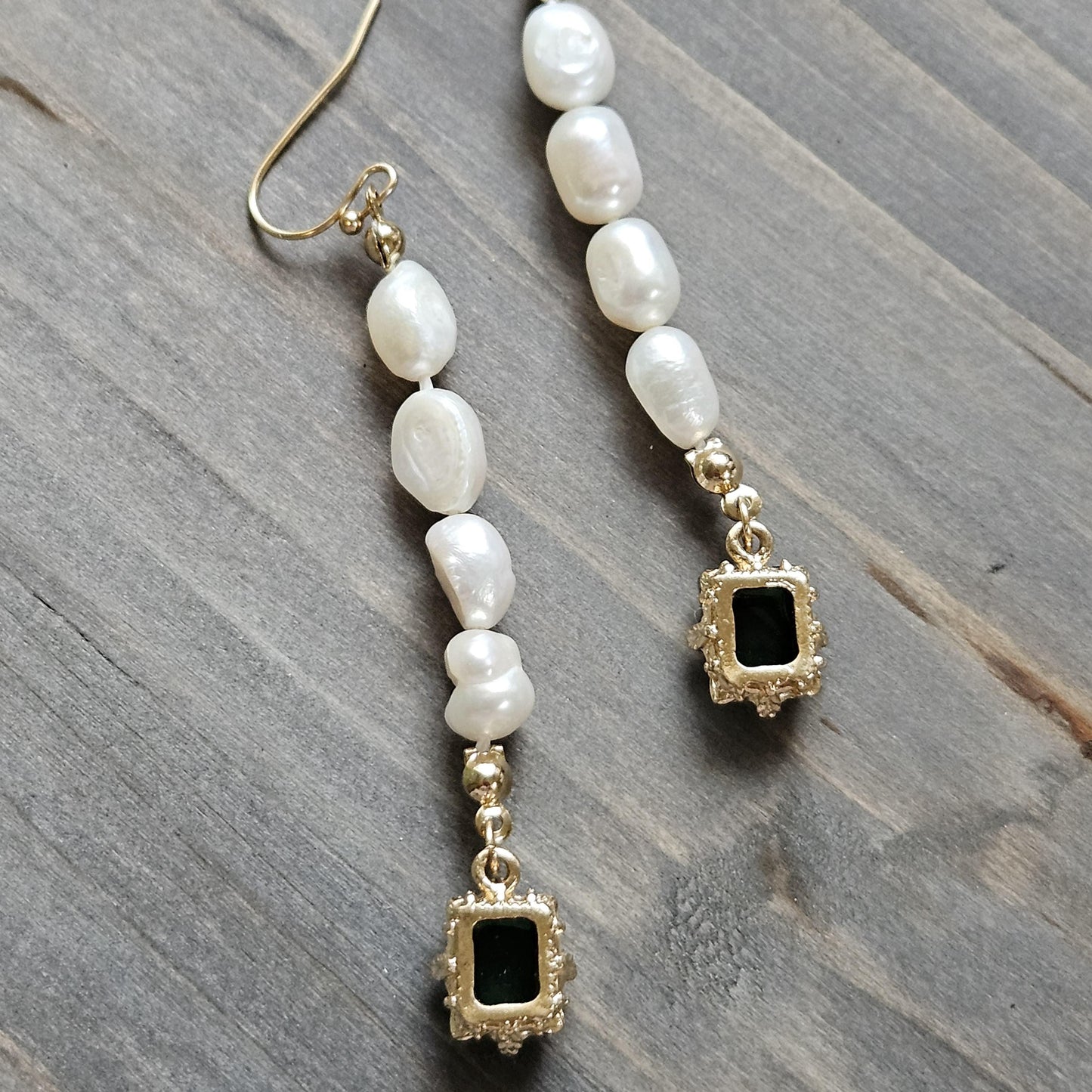 Fresh Water Pearl Green CZ Gold Plated Drop Earrings