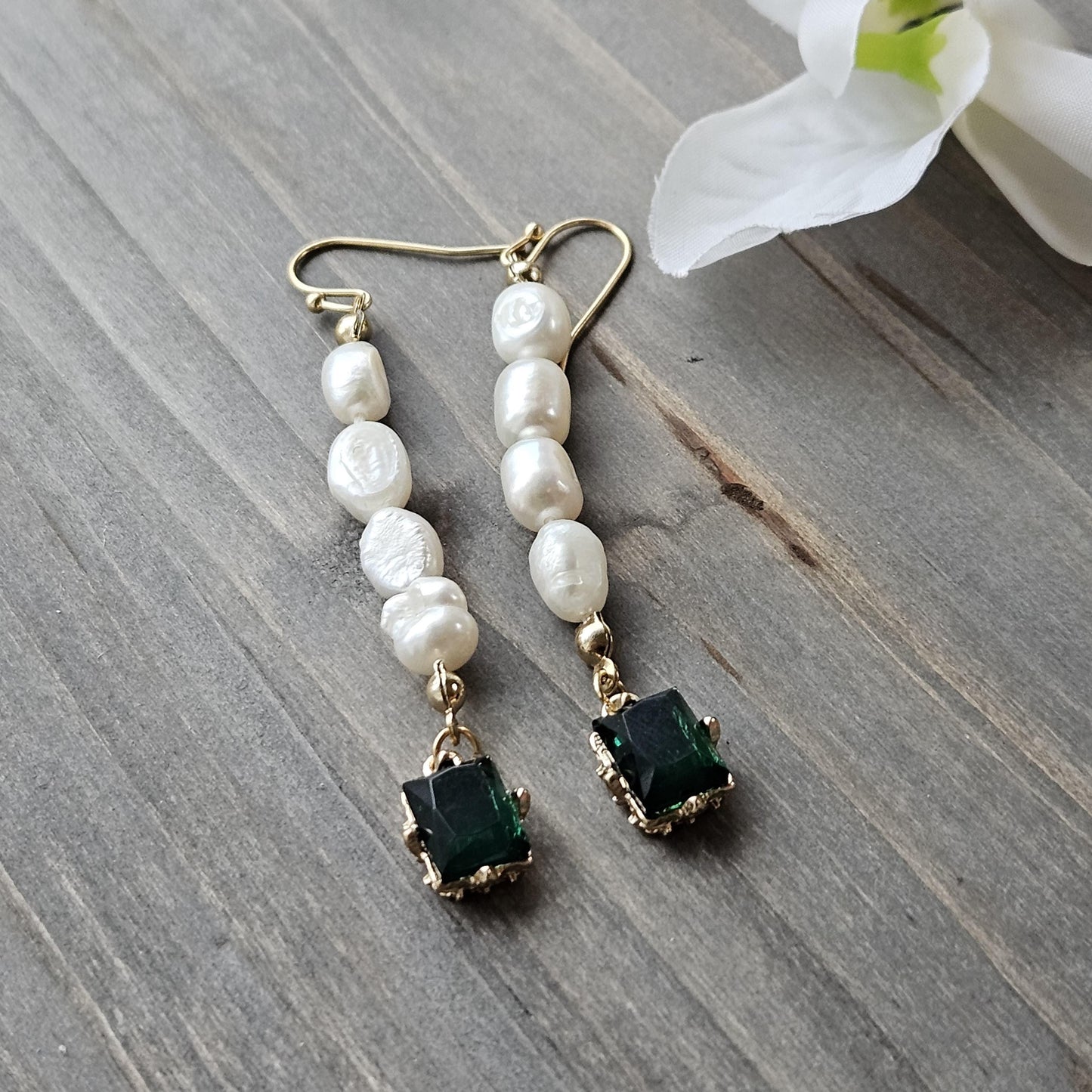 Fresh Water Pearl Green CZ Gold Plated Drop Earrings