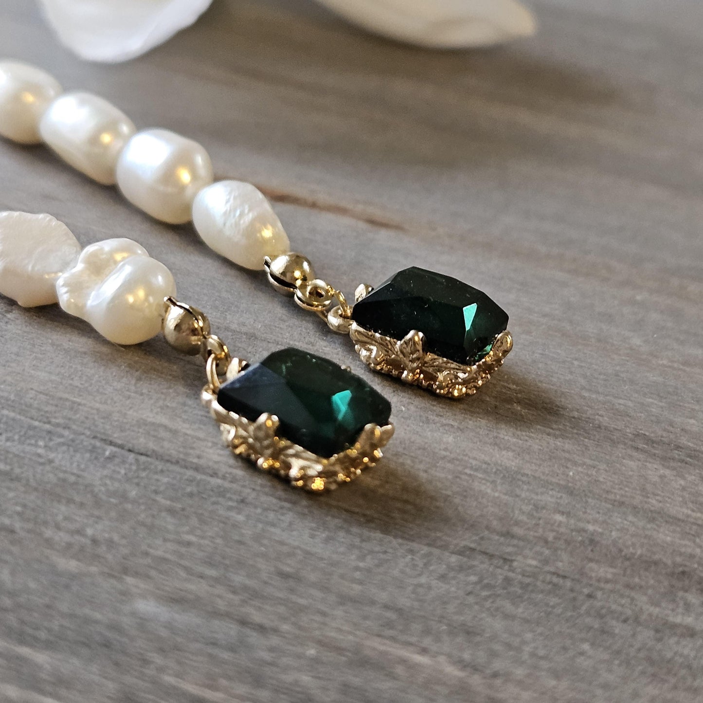 Fresh Water Pearl Green CZ Gold Plated Drop Earrings