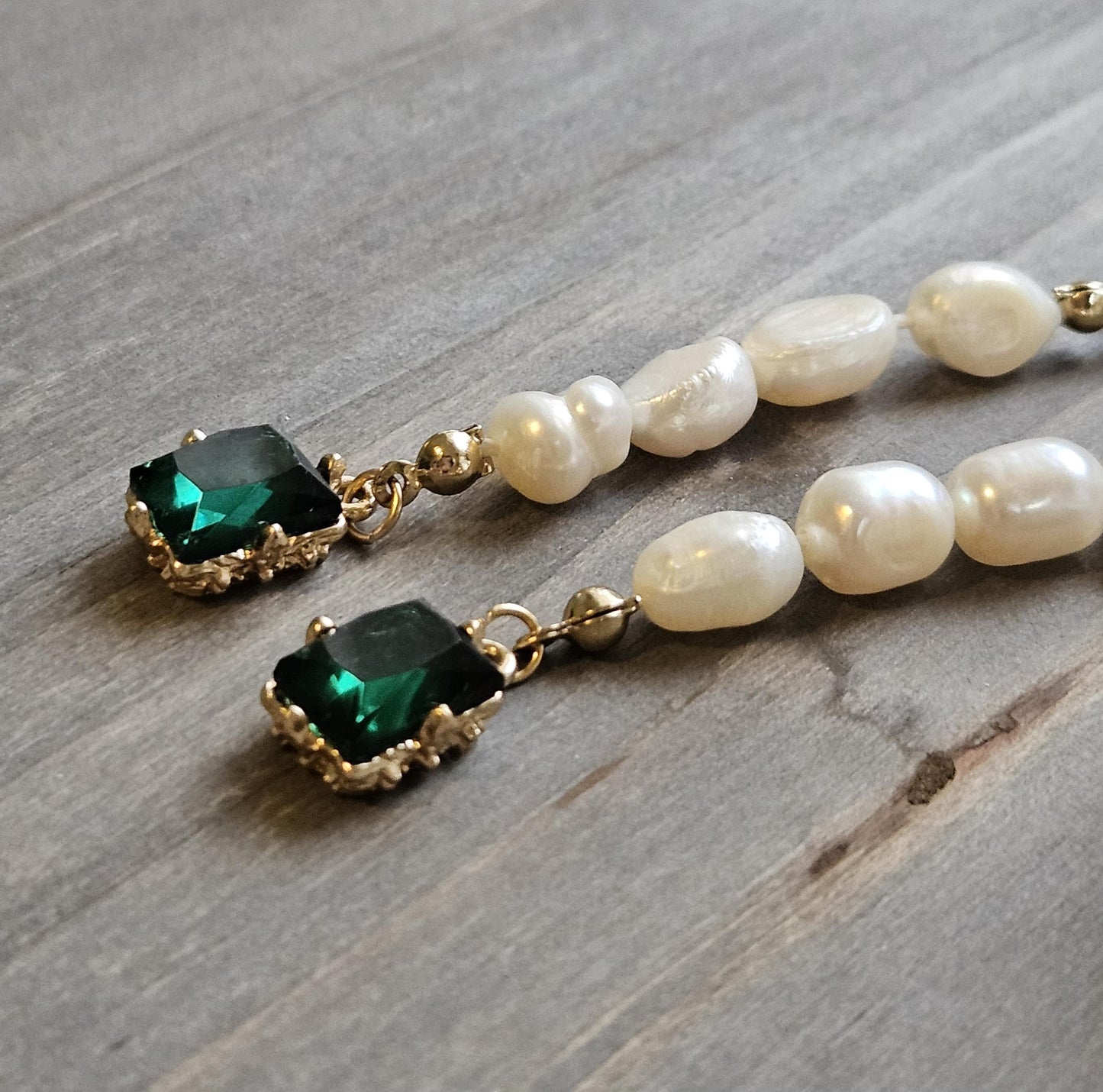 Fresh Water Pearl Green CZ Gold Plated Drop Earrings
