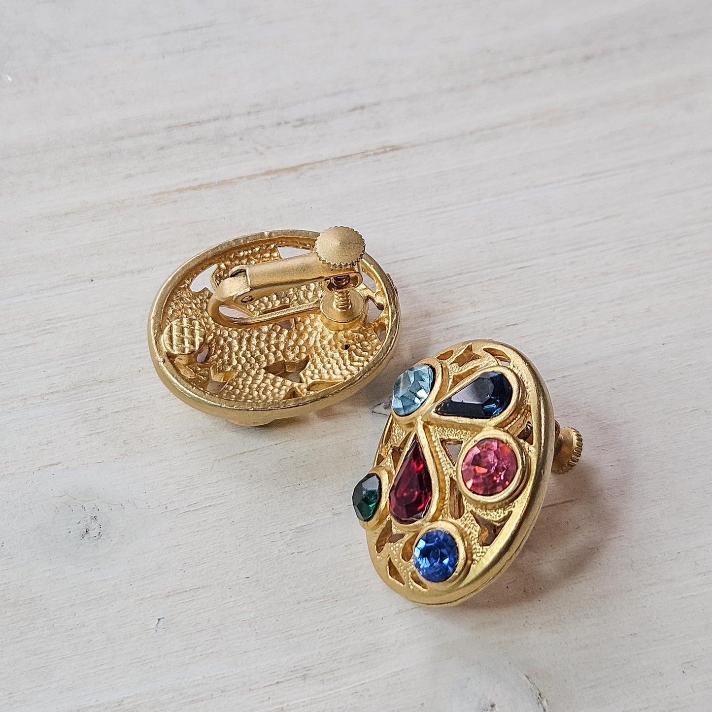 Vintage Gold-Tone Multicolor Crystal Screwback Earrings
