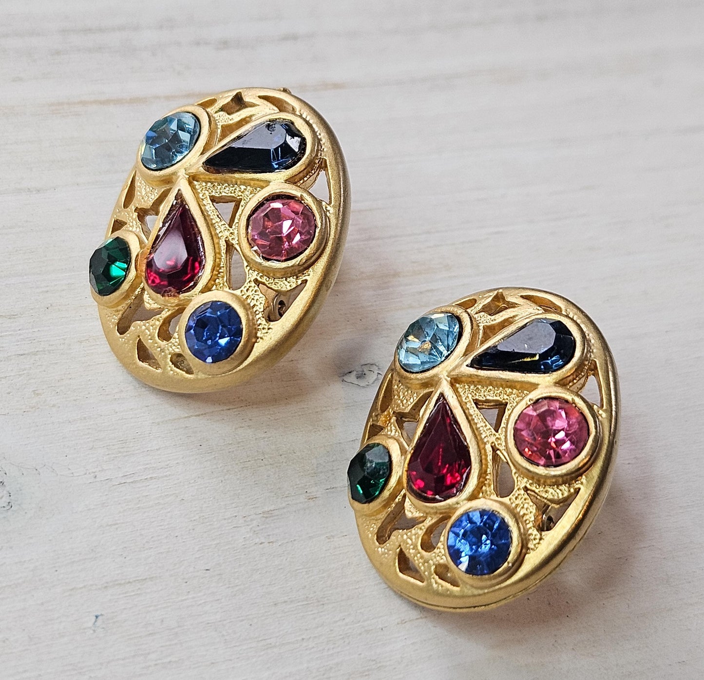 Vintage Gold-Tone Multicolor Crystal Screwback Earrings