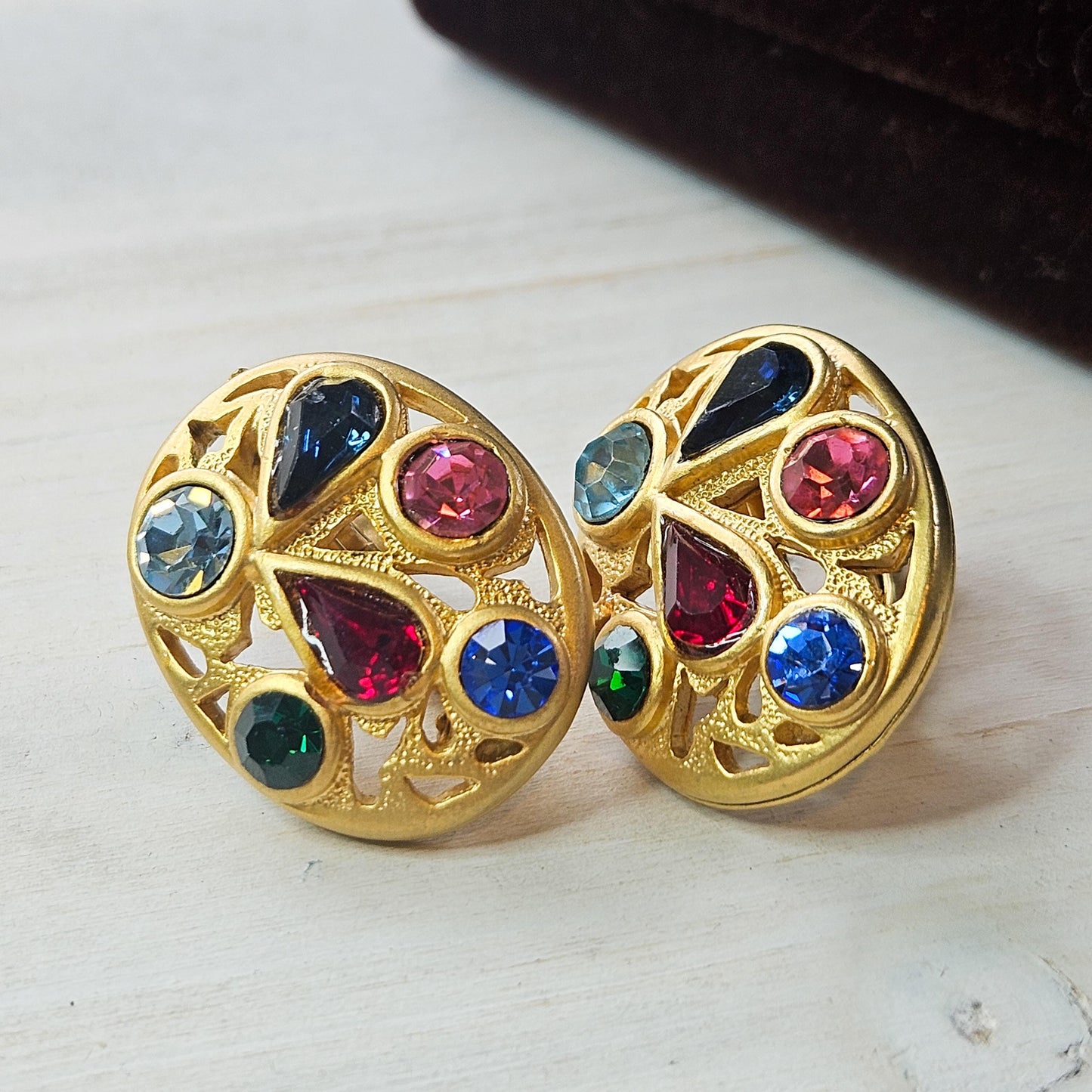 Vintage Gold-Tone Multicolor Crystal Screwback Earrings