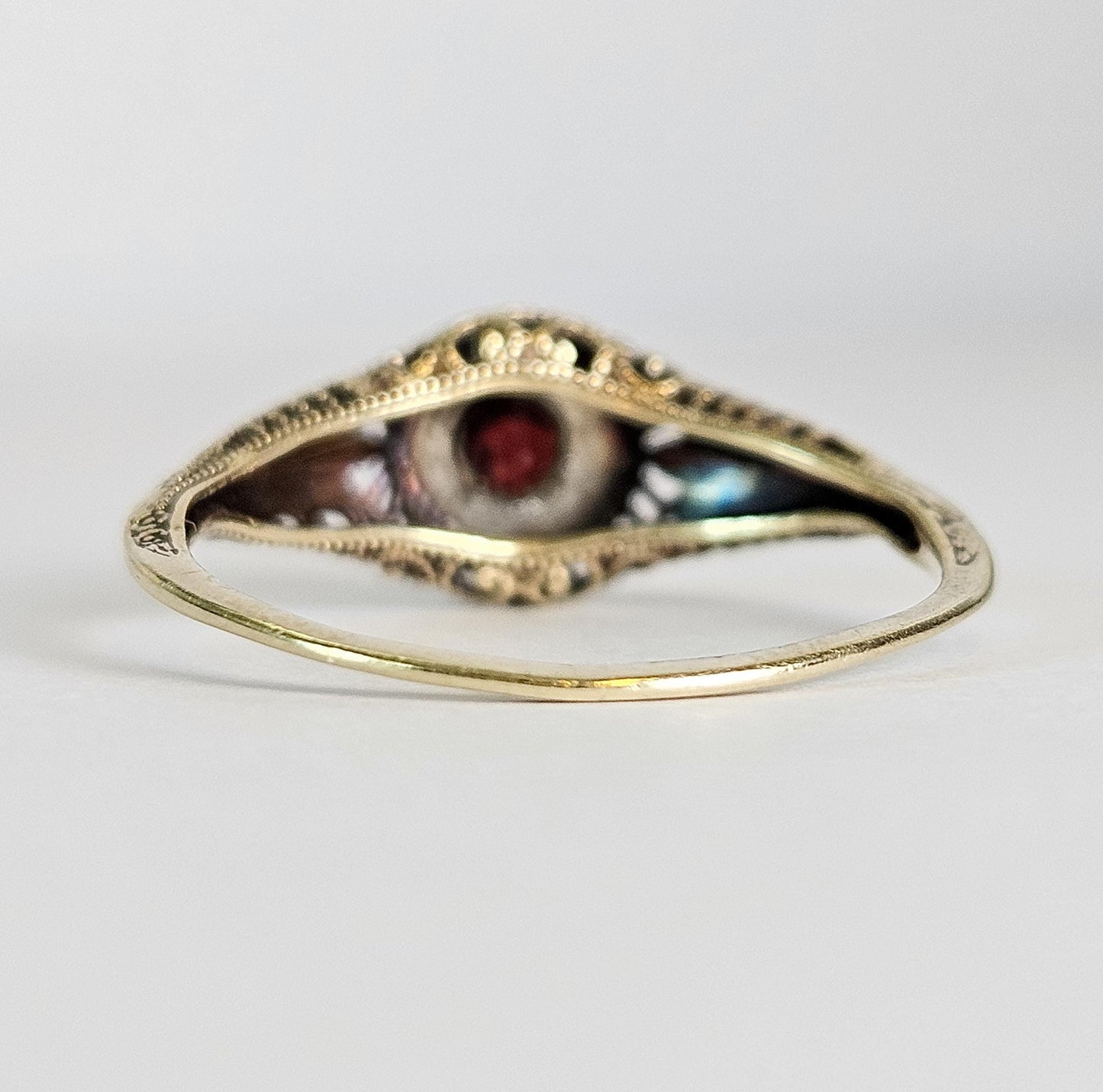 Antique Ruby Filigree Ring – 14K Two-Tone Gold – Art Deco Octagon Setting – Intricate Leaf Detail – July Birthstone, Engagement ring
