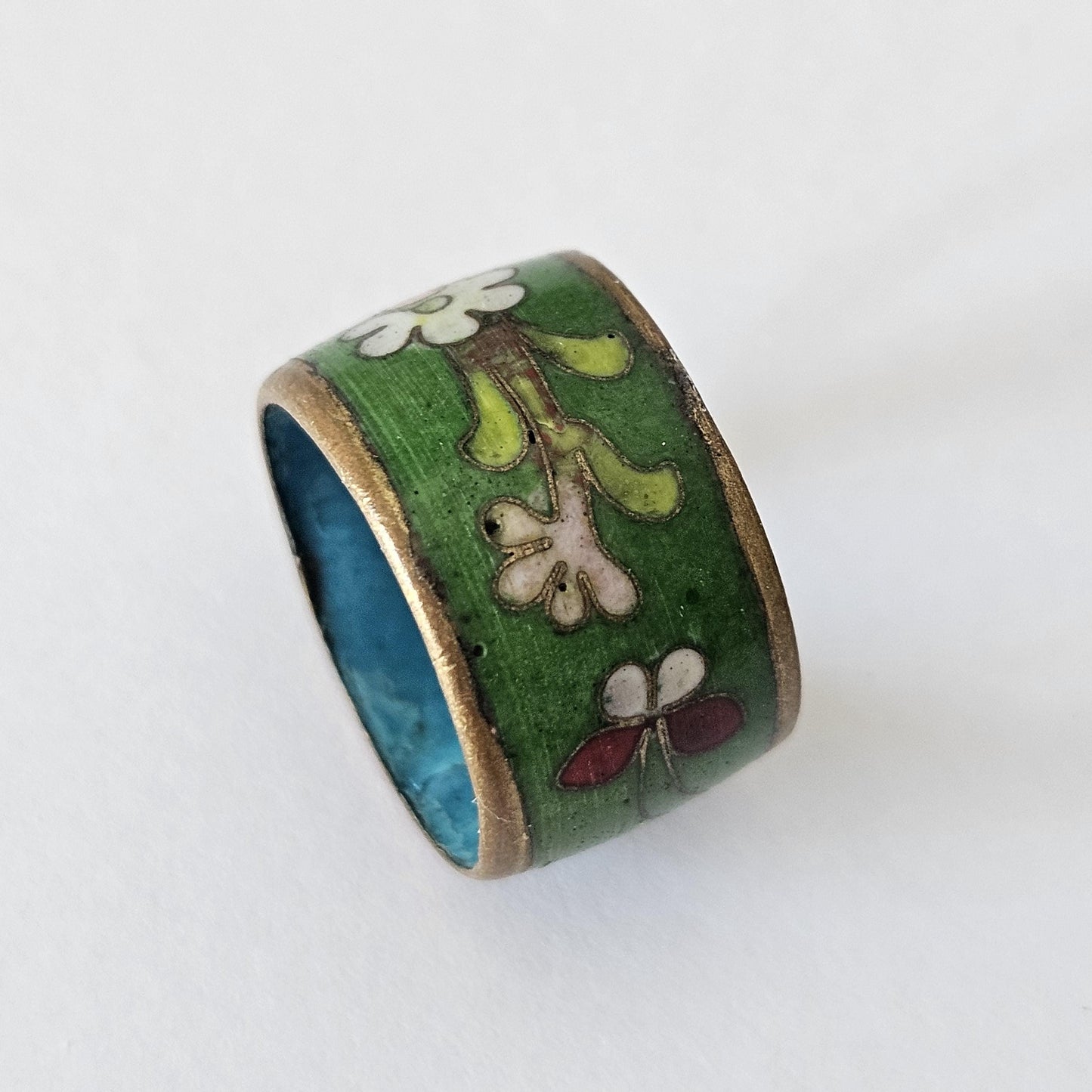 Vintage Cloisonné Enamel Ring – Wide Band Green Floral Design with Blue Interior, Boho Statement Jewelry