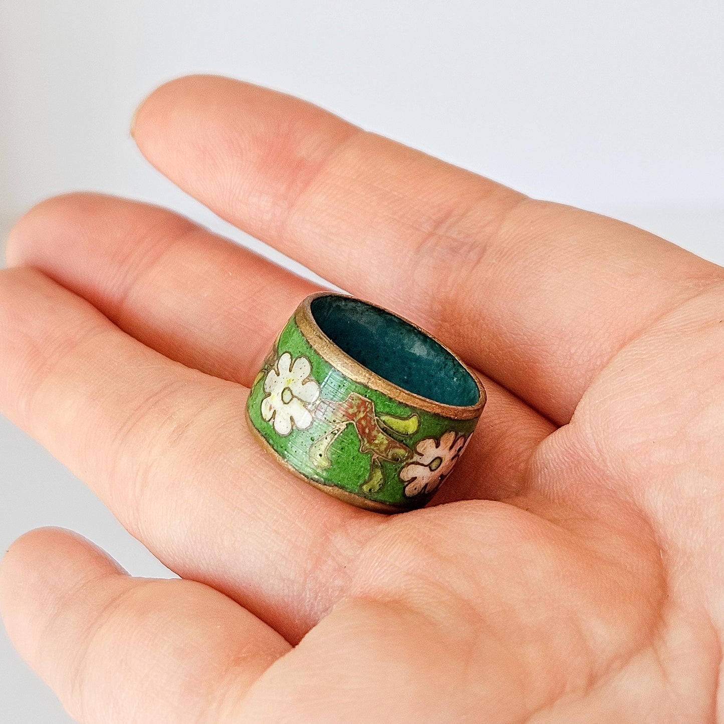 Vintage Cloisonné Enamel Ring – Wide Band Green Floral Design with Blue Interior, Boho Statement Jewelry