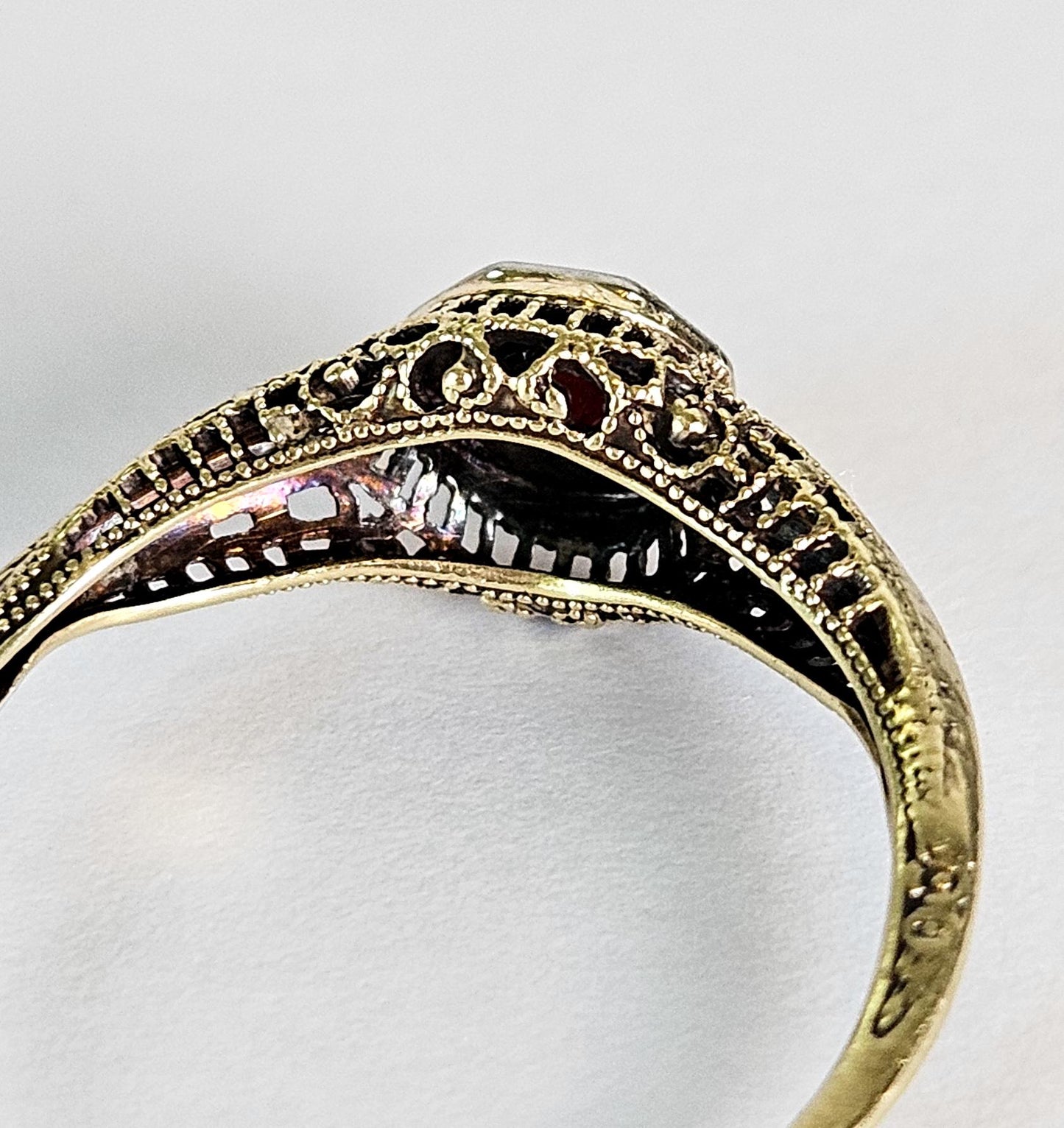 Antique Ruby Filigree Ring – 14K Two-Tone Gold – Art Deco Octagon Setting – Intricate Leaf Detail – July Birthstone, Engagement ring