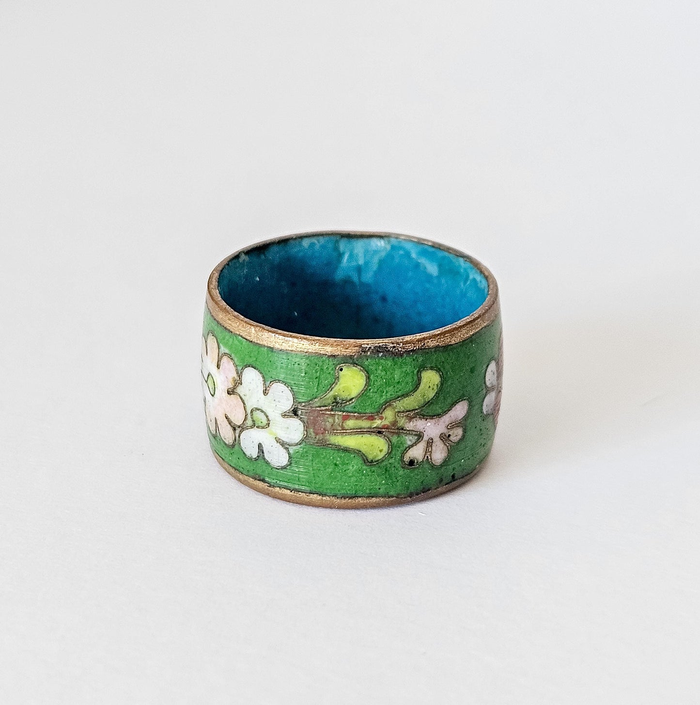 Vintage Cloisonné Enamel Ring – Wide Band Green Floral Design with Blue Interior, Boho Statement Jewelry