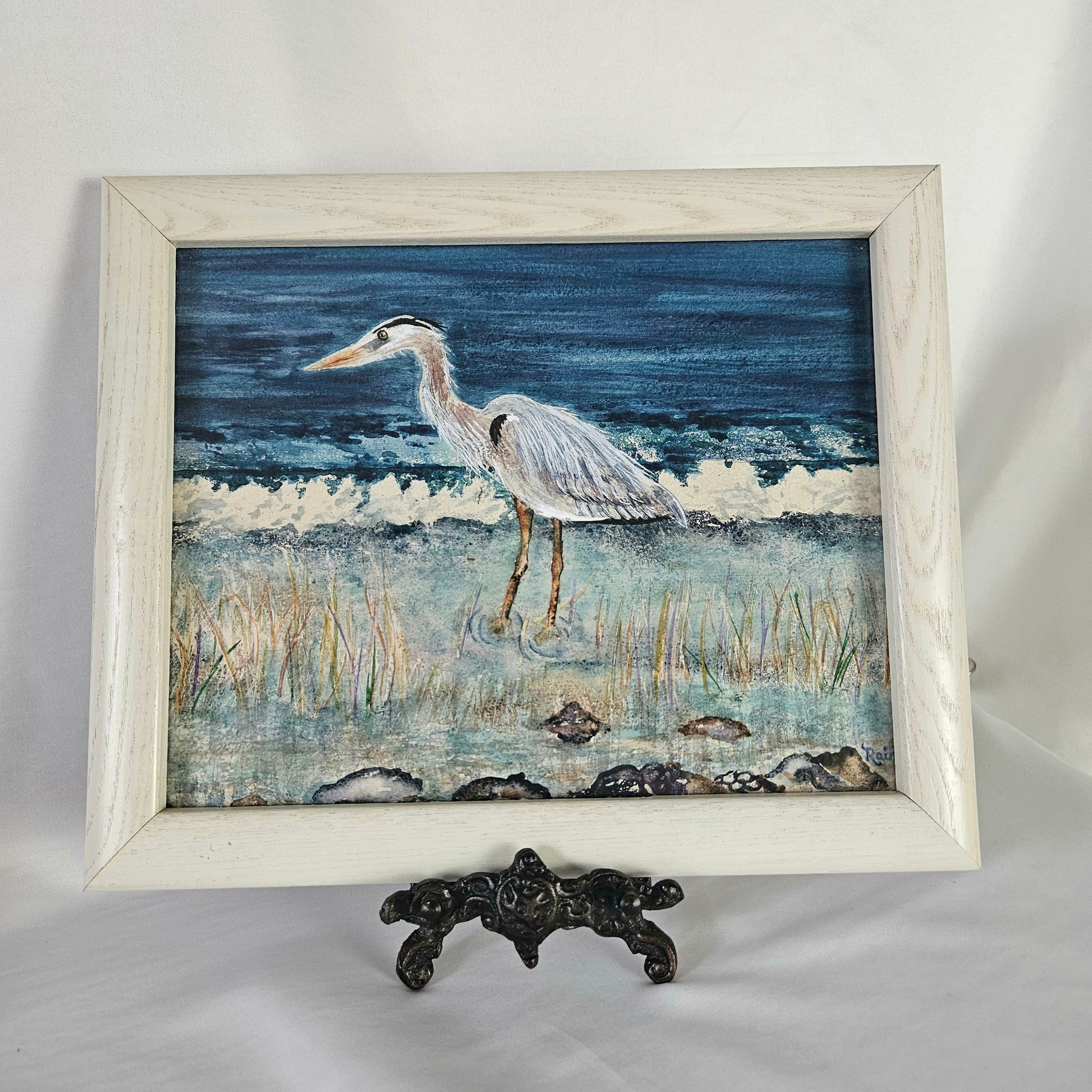 Original Watercolor Painting of a Blue Heron in wooden frame
