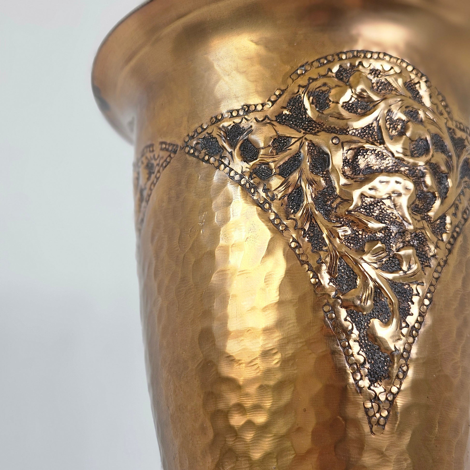Vtg Handmade Hammered Copper Vase with Deer and Ornamental Details