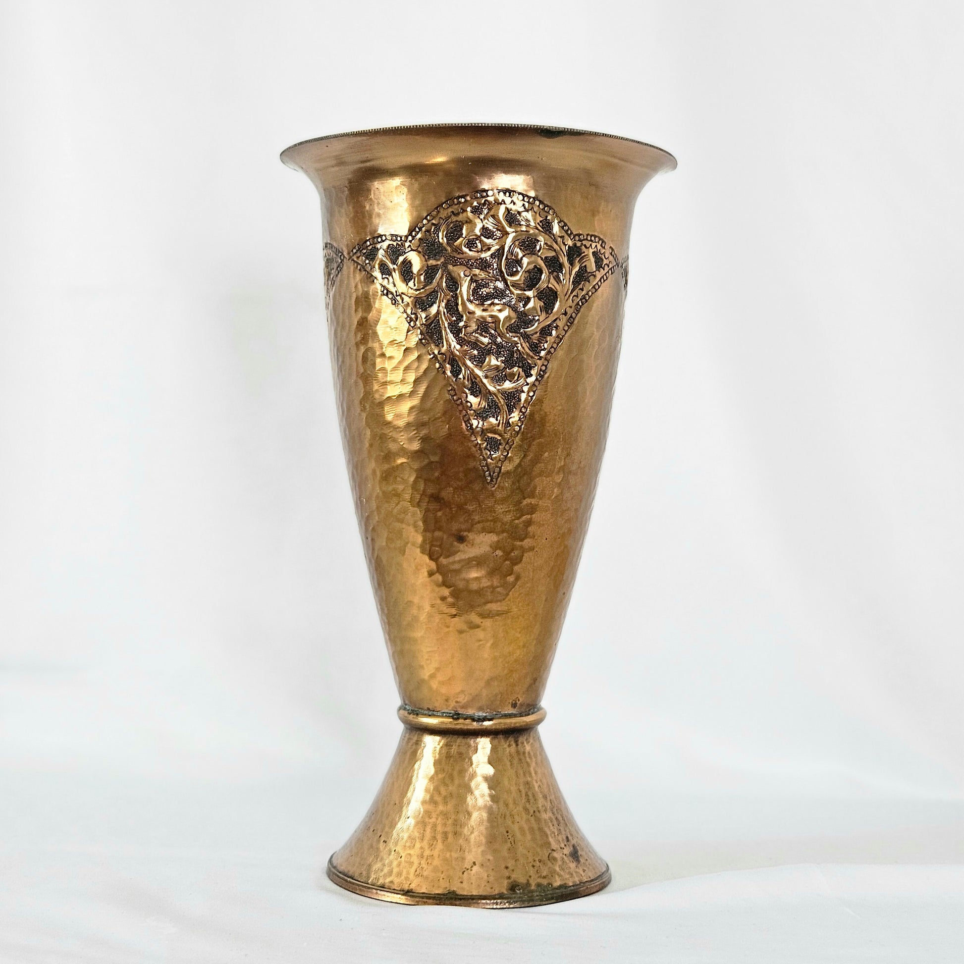 Vtg Handmade Hammered Copper Vase with Deer and Ornamental Details