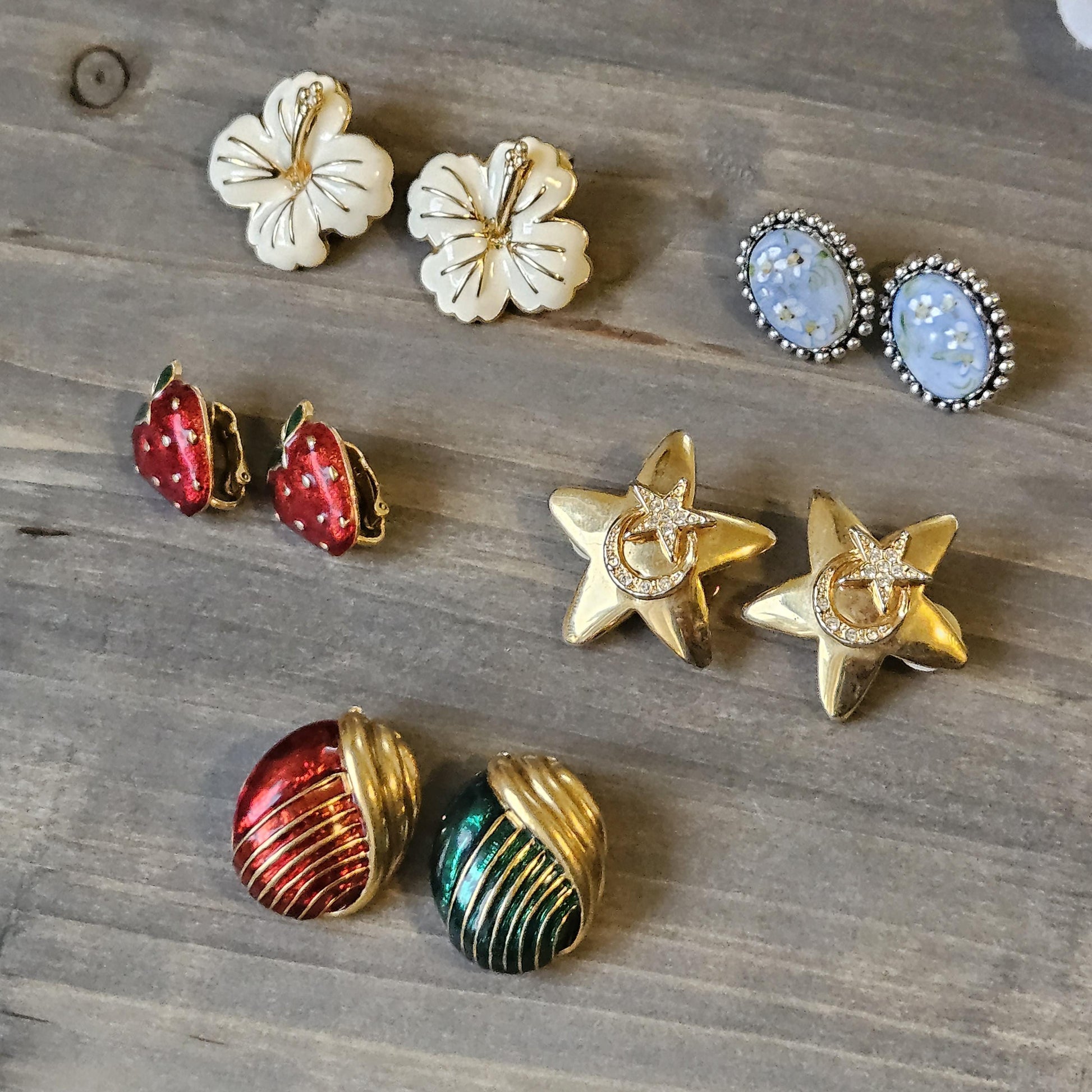 Vintage Clip-On Earrings, Flower, Strawberry, Star, and Holiday Designs