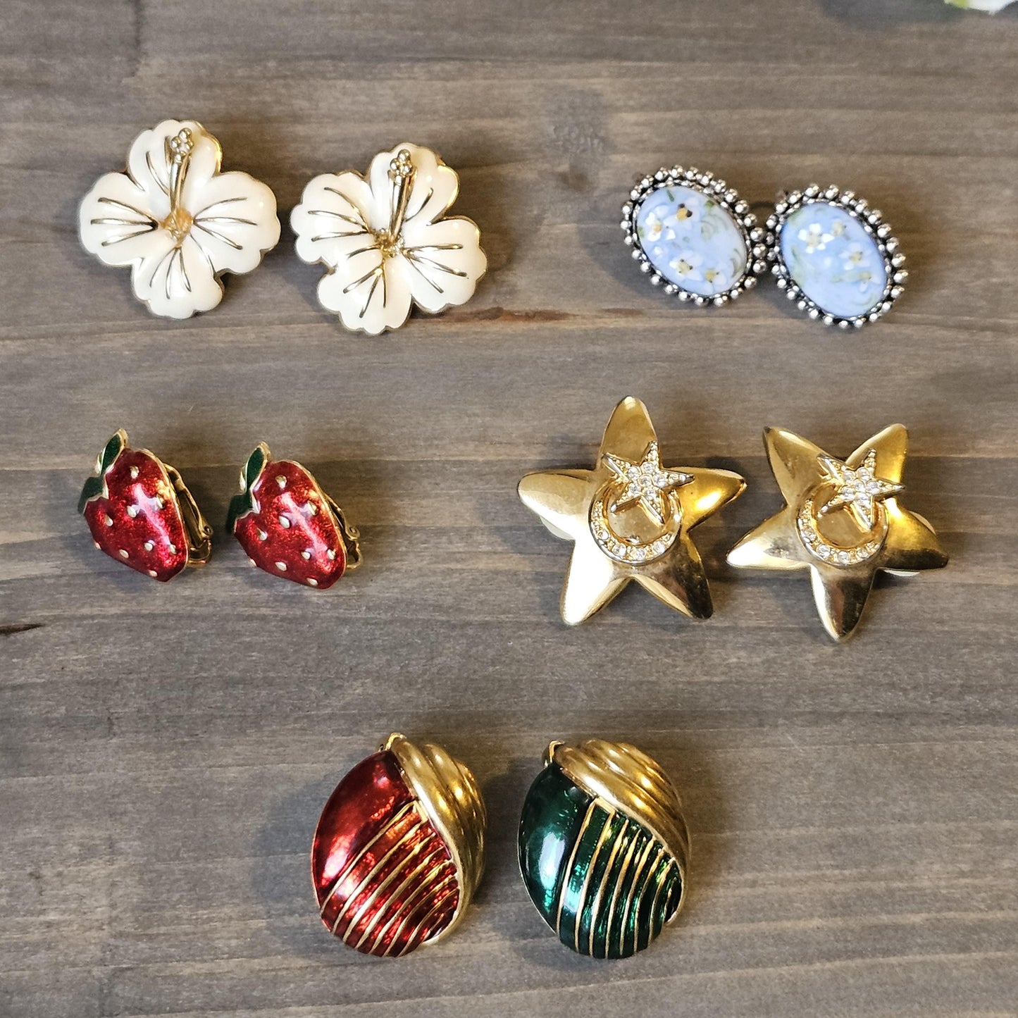 Vintage Clip-On Earrings, Flower, Strawberry, Star, and Holiday Designs
