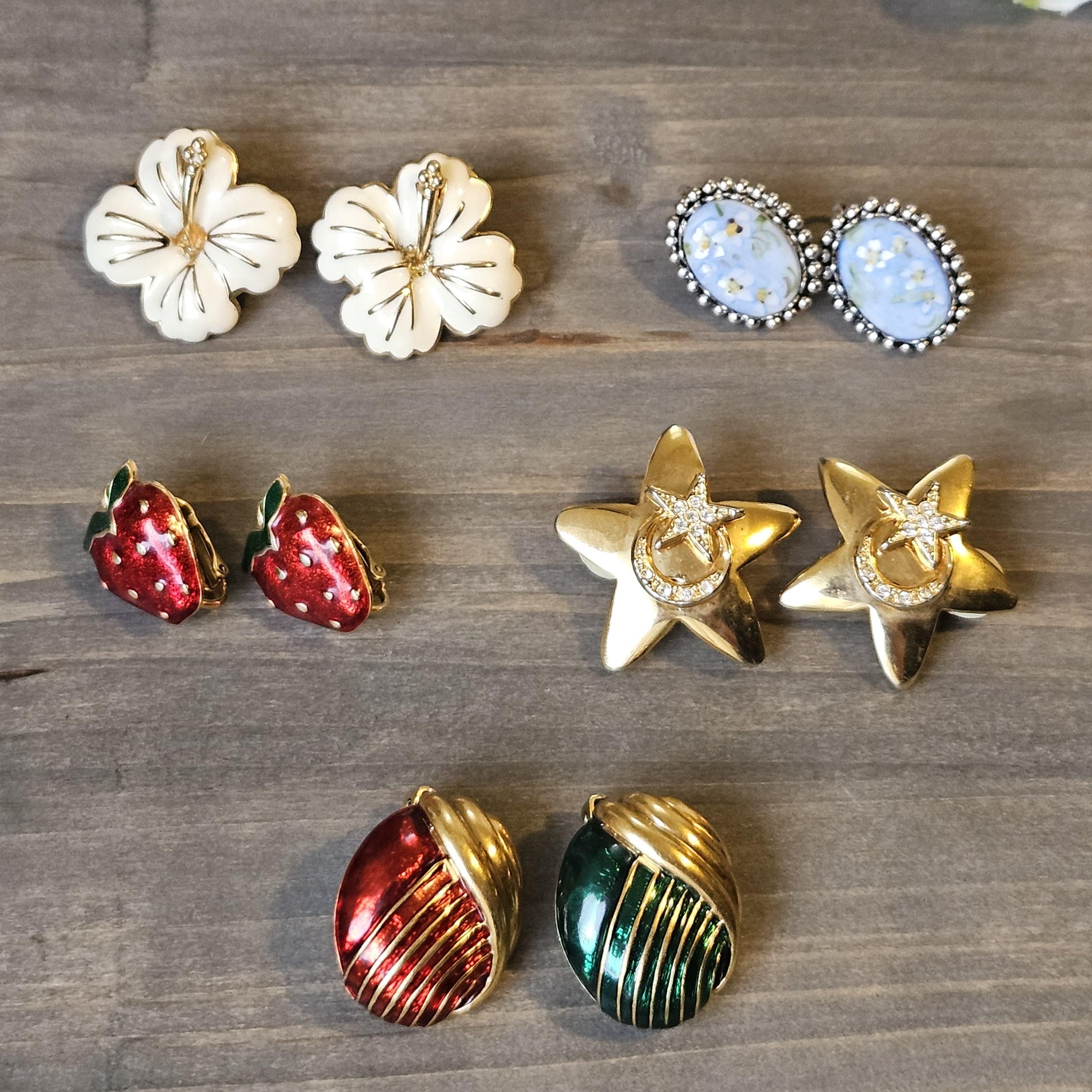 Vintage Clip-On Earrings, Flower, Strawberry, Star, and Holiday Designs