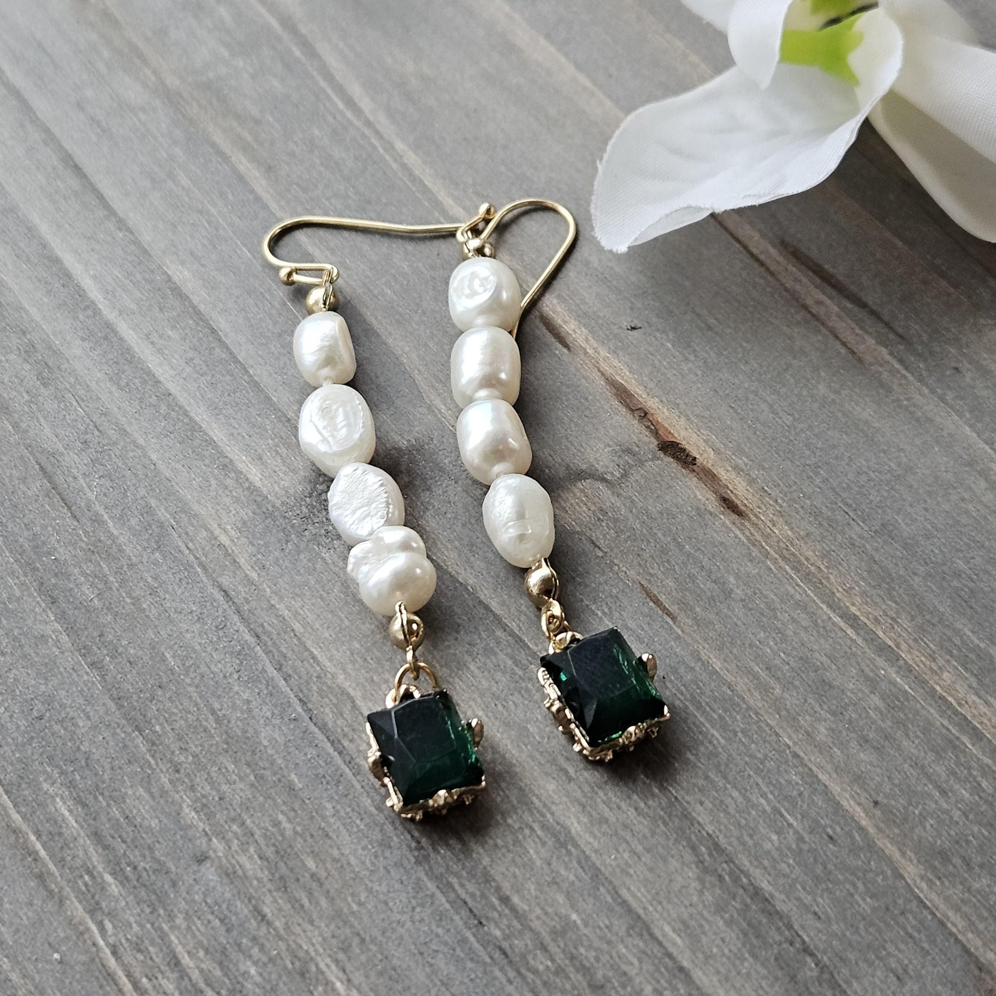 Fresh Water Pearl Green CZ Gold Plated Drop Earrings