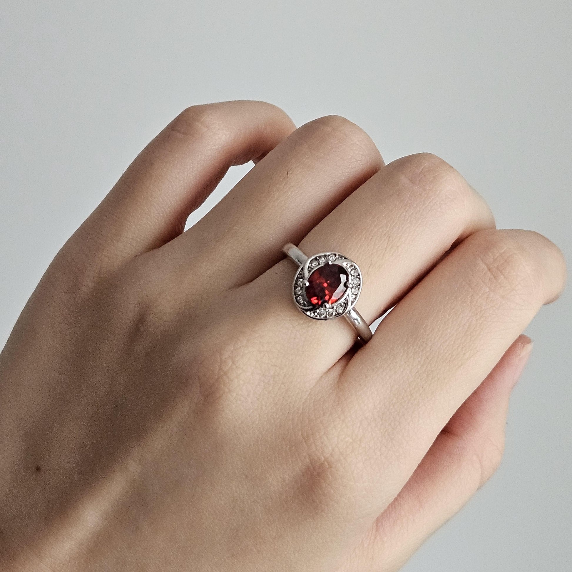 Vintage-inspired red Garnet Ring – with CZ Accents